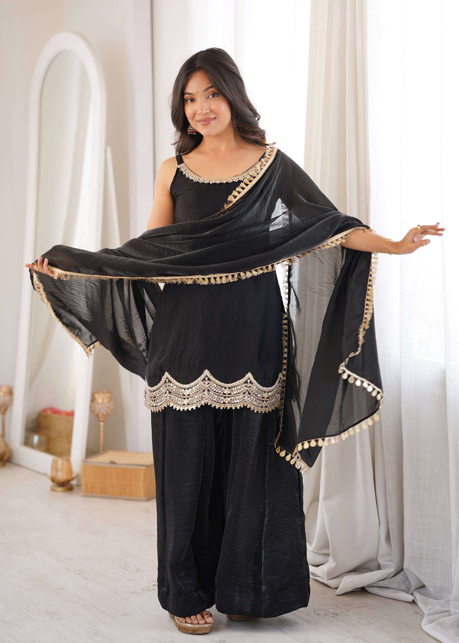 SR 3179 SILK PREETY LOOK DESIGNER PARTY WEAR LADIES TOP SHARARA PLAZZO AND DUPATTA SET 