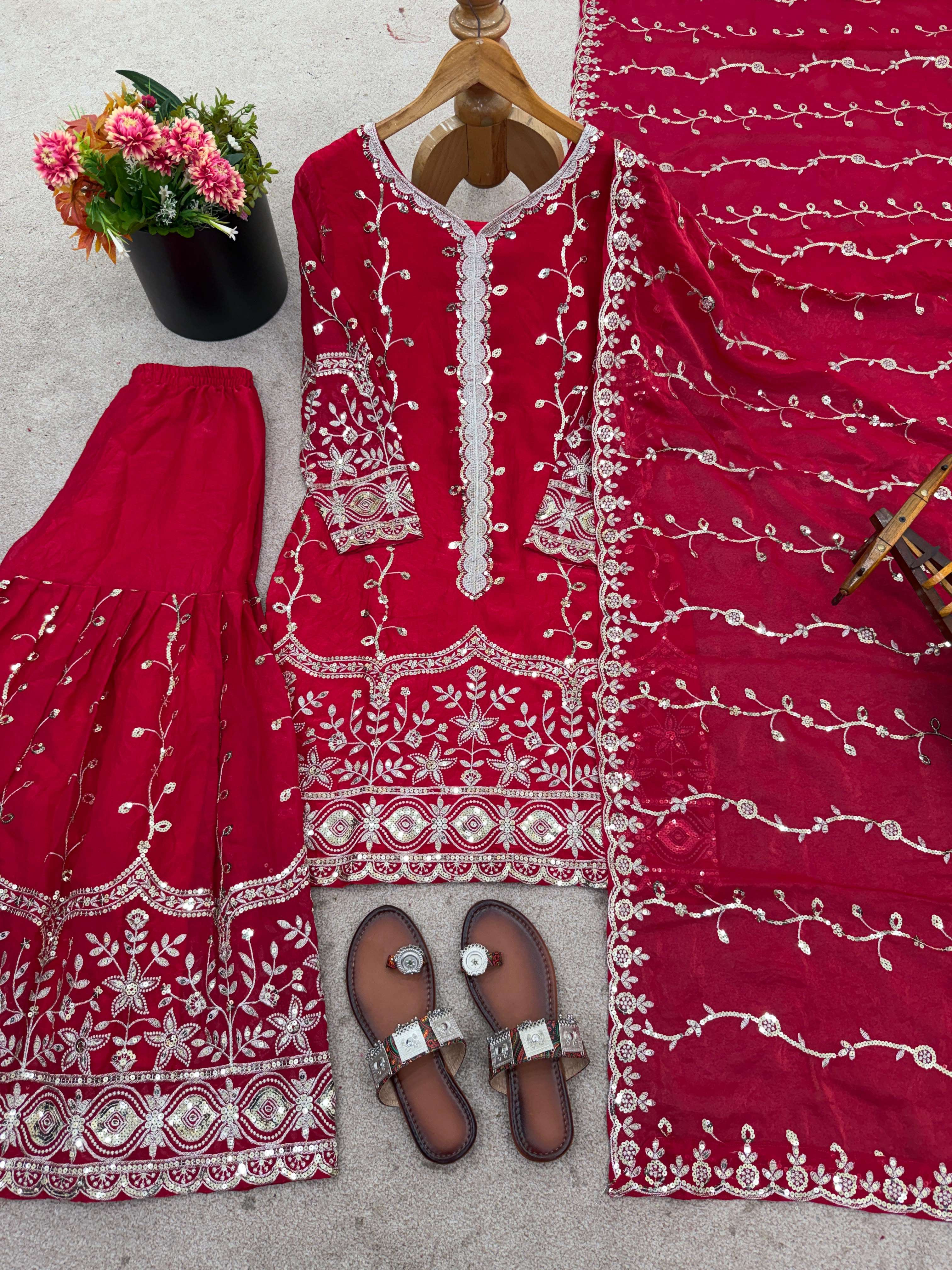 SSR 533 SILK SEQUENCE EMBROIDERY DESIGNER WORK FESTIVE WEAR SUIT