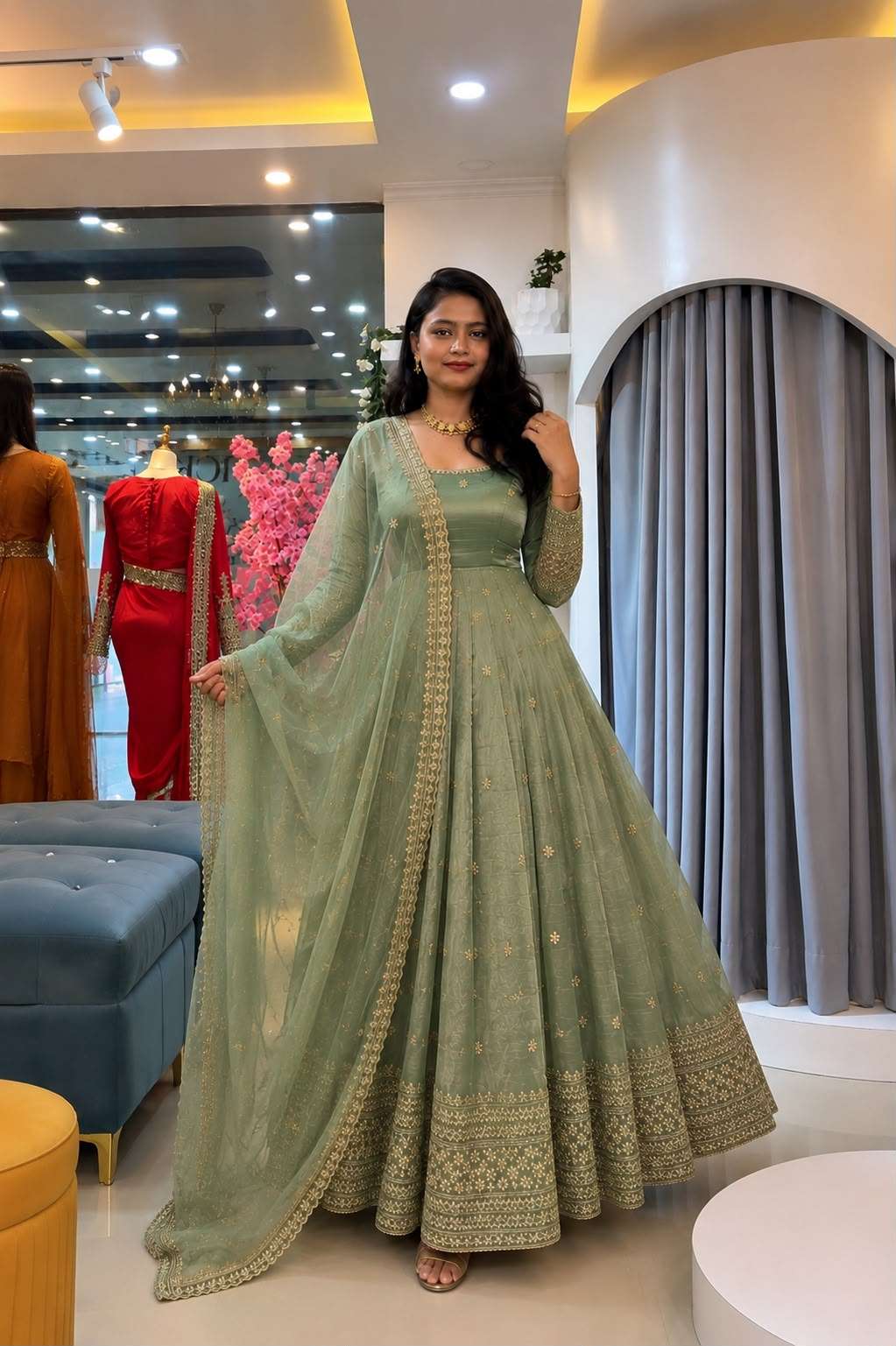 SSR 547 SILK SEQUENCE EMBROIDERY DESIGNER WORK PARTY WEAR GOWN STYLE SUIT