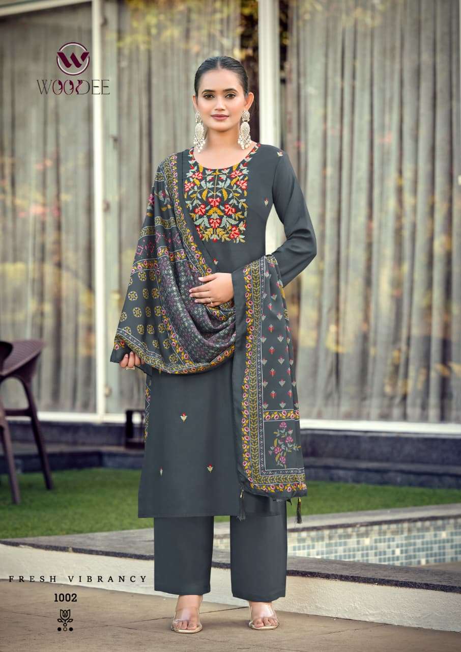 WOODEE RUTAVI RAYON FANCY EMBROIDERY WORK LADIES KURTI BOTTOM AND DUPATTA SET 