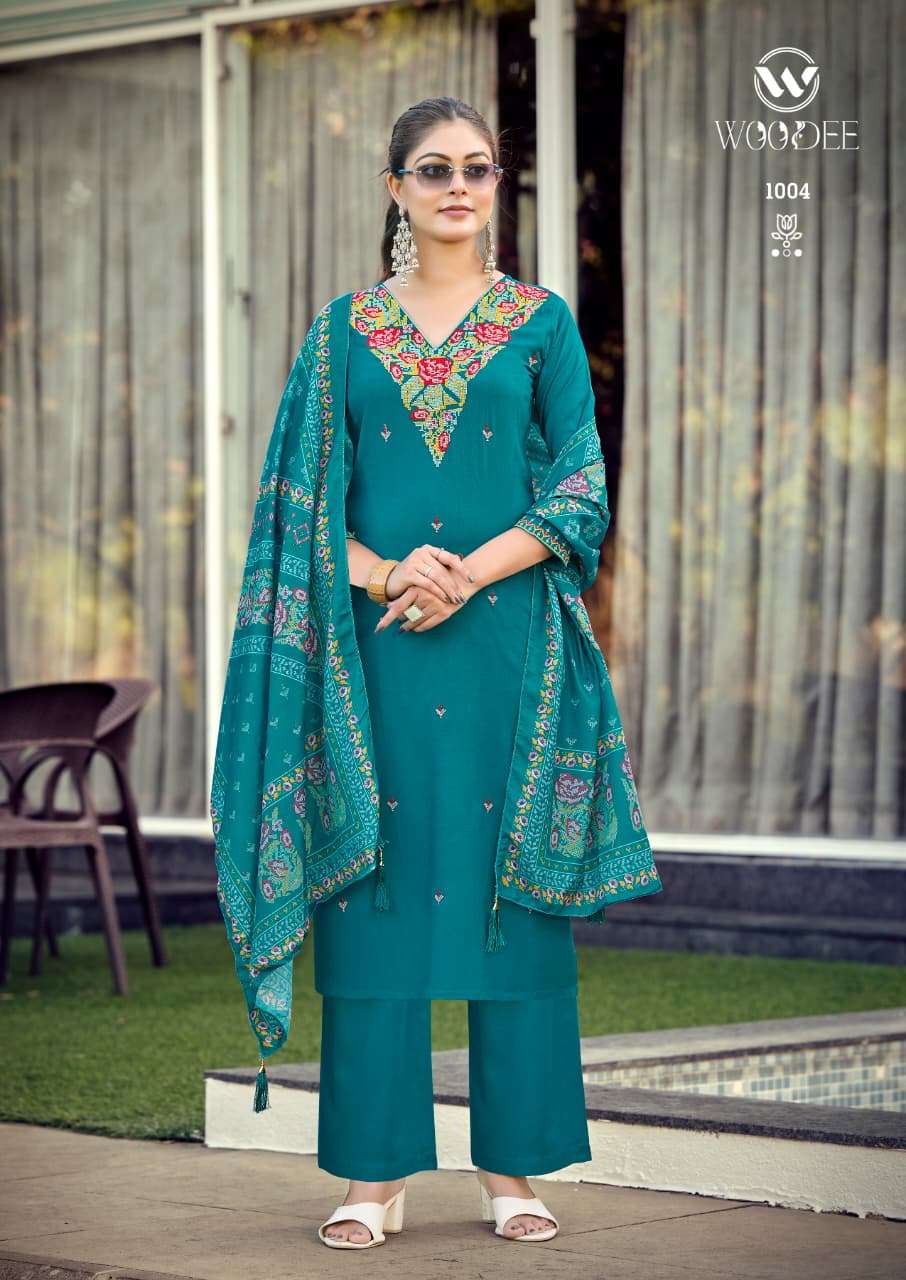WOODEE RUTAVI RAYON FANCY EMBROIDERY WORK LADIES KURTI BOTTOM AND DUPATTA SET 