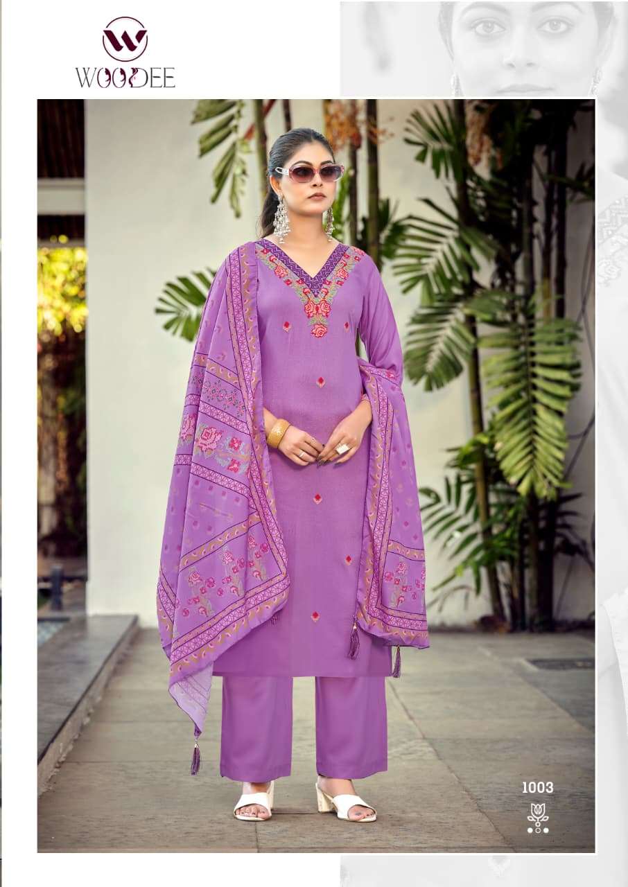 WOODEE RUTAVI RAYON FANCY EMBROIDERY WORK LADIES KURTI BOTTOM AND DUPATTA SET 