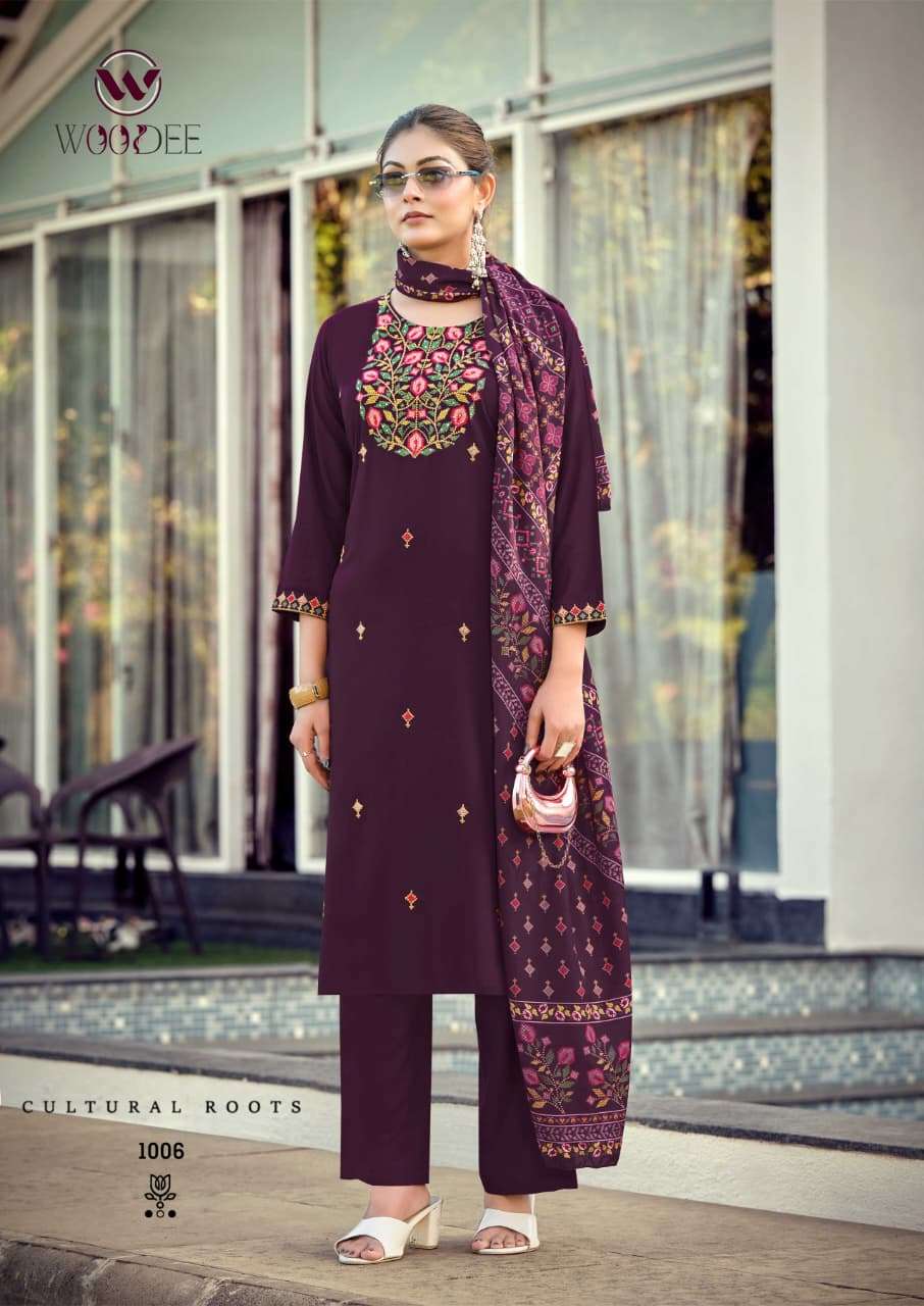 WOODEE RUTAVI RAYON FANCY EMBROIDERY WORK LADIES KURTI BOTTOM AND DUPATTA SET 