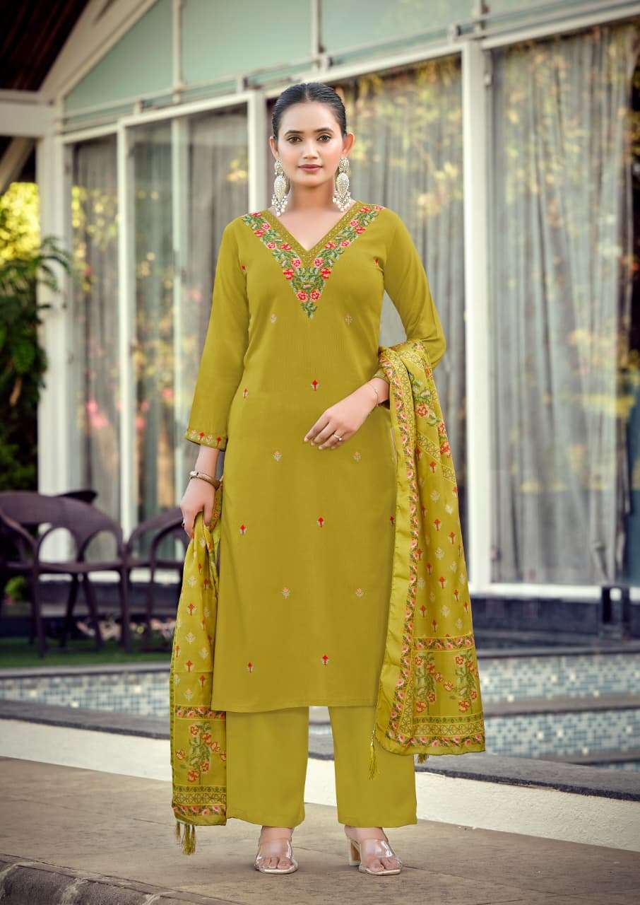 WOODEE RUTAVI RAYON FANCY EMBROIDERY WORK LADIES KURTI BOTTOM AND DUPATTA SET 