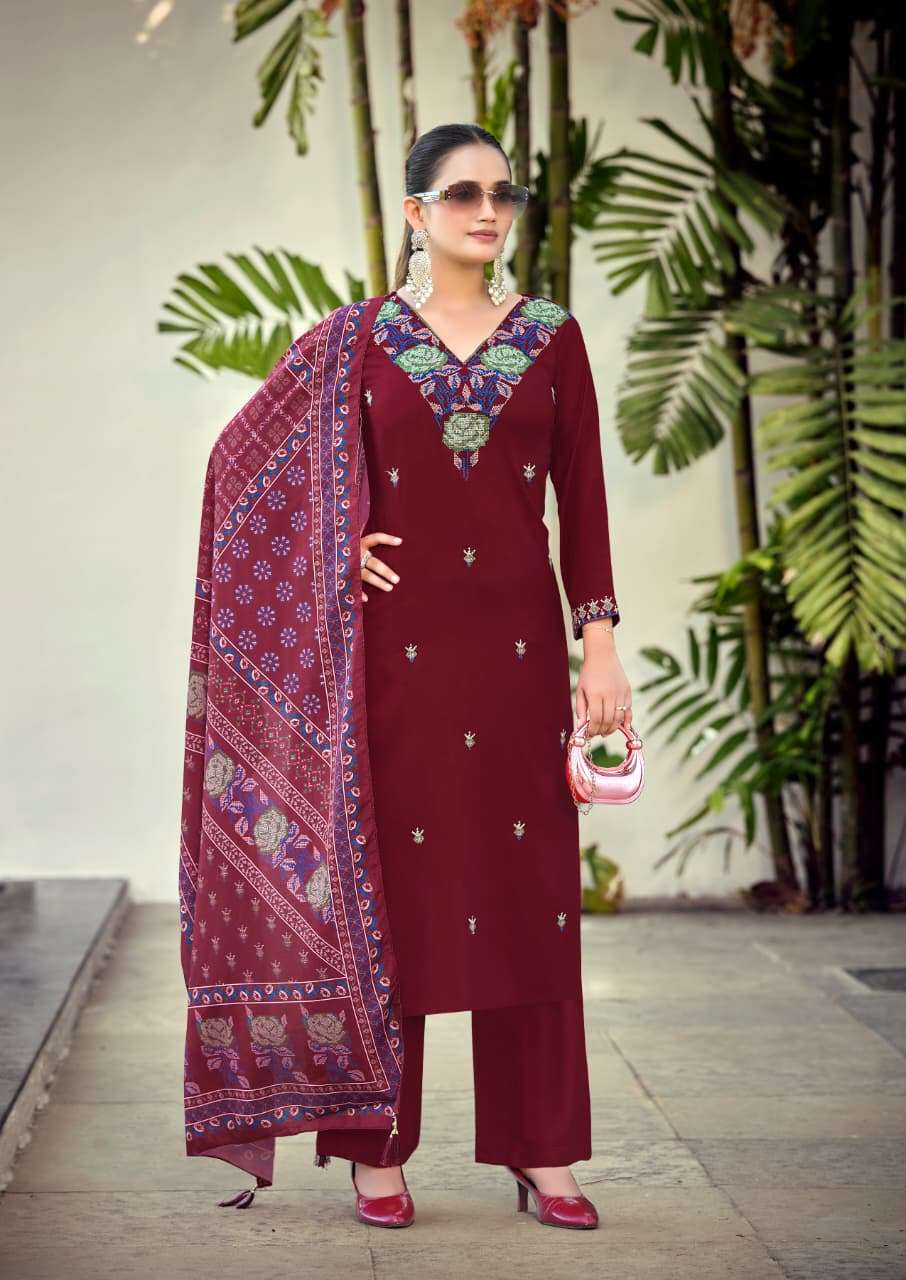WOODEE RUTAVI RAYON FANCY EMBROIDERY WORK LADIES KURTI BOTTOM AND DUPATTA SET 