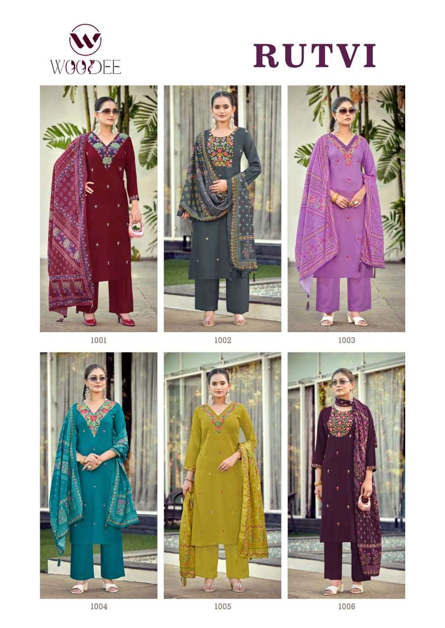 WOODEE RUTAVI RAYON FANCY EMBROIDERY WORK LADIES KURTI BOTTOM AND DUPATTA SET 