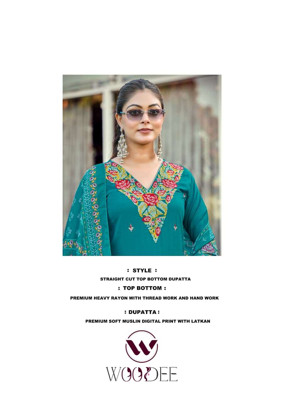 WOODEE RUTAVI RAYON FANCY EMBROIDERY WORK LADIES KURTI BOTTOM AND DUPATTA SET 