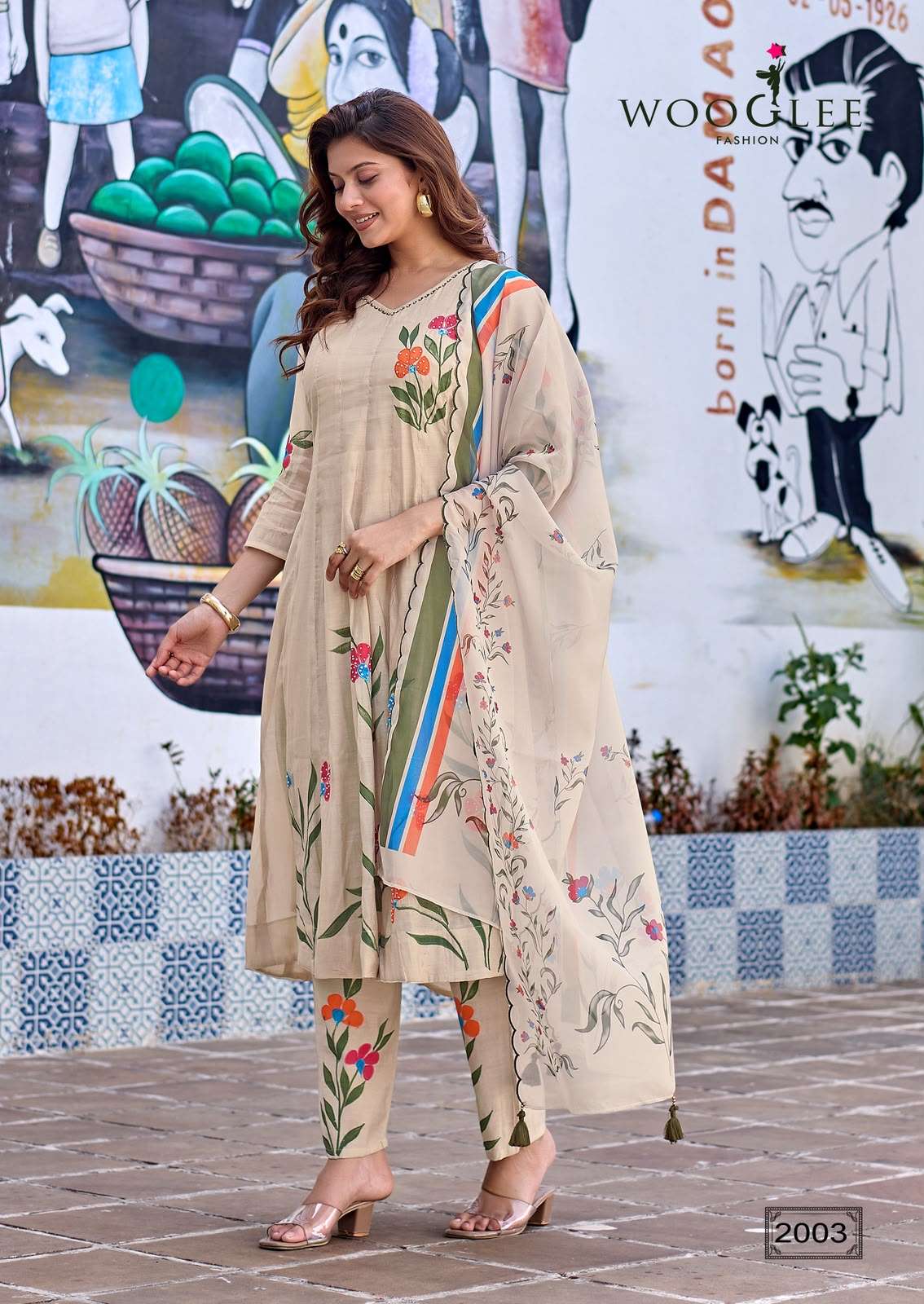 WOOGLEE VARNIKA CHANDERI SILK PREETY LOOK DESIGNER LADIES ANARKALI GOWN STYLE BOTTOM AND DUPATTA SET 