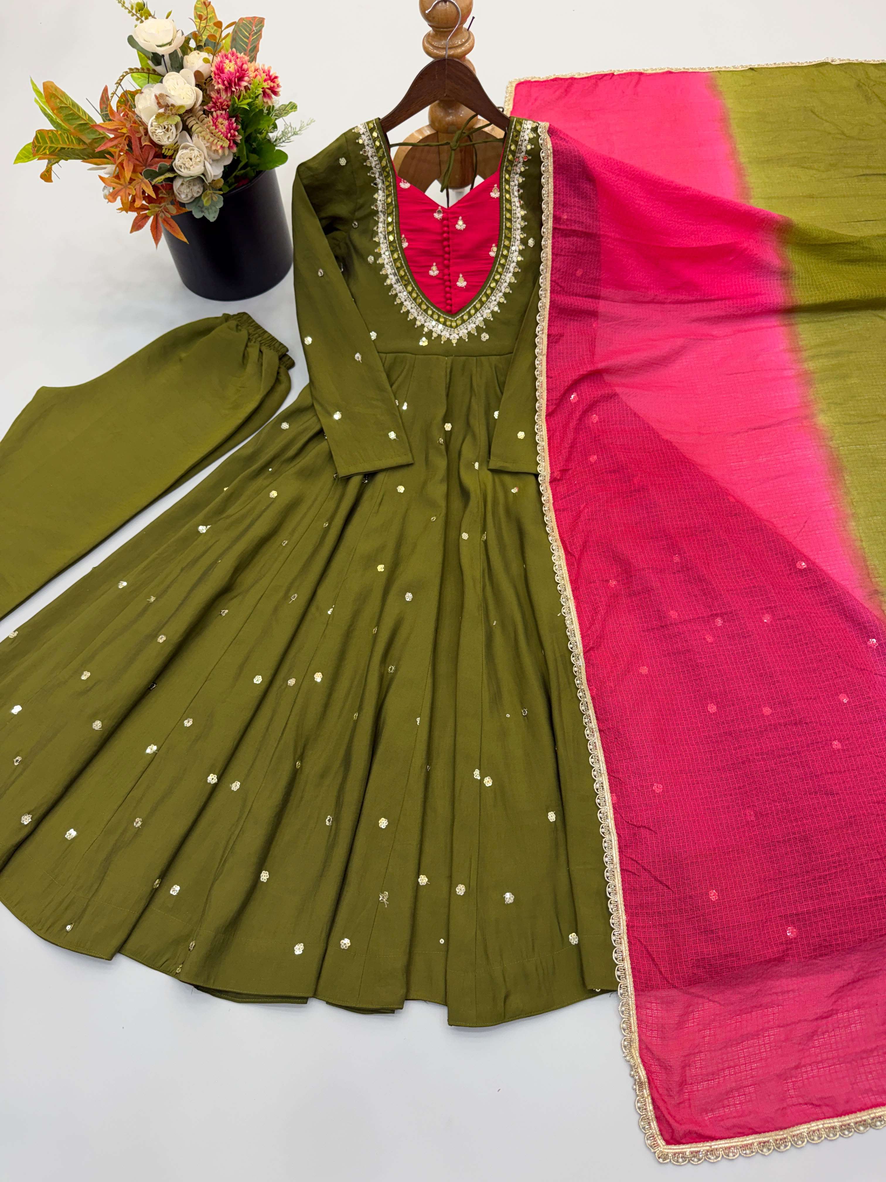 ZF 5023 SILK SEQUENCE EMBROIDERY DESIGNER WORK READY MADE ANARKALI GOWN STYLE SUIT