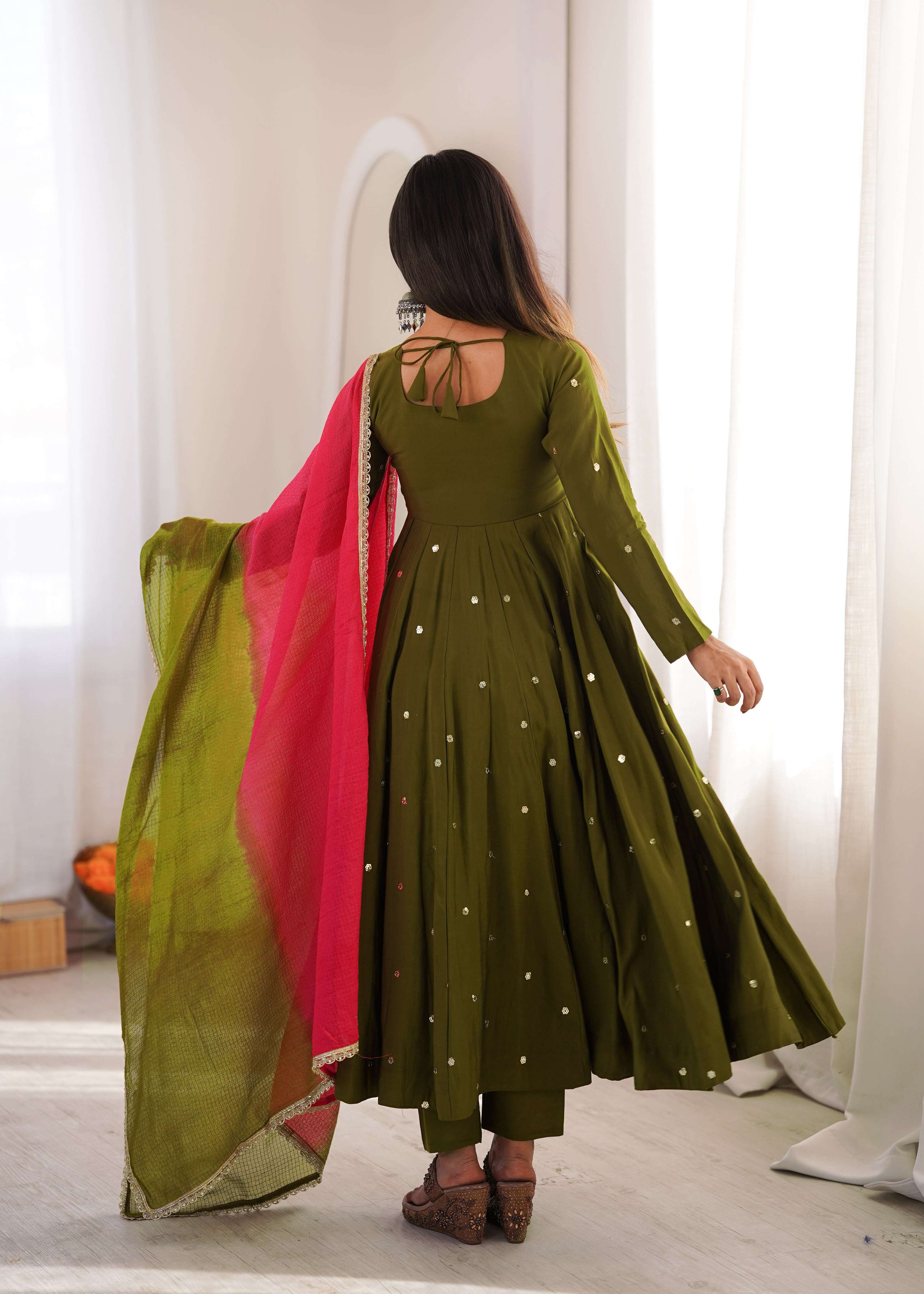 ZF 5023 SILK SEQUENCE EMBROIDERY DESIGNER WORK READY MADE ANARKALI GOWN STYLE SUIT