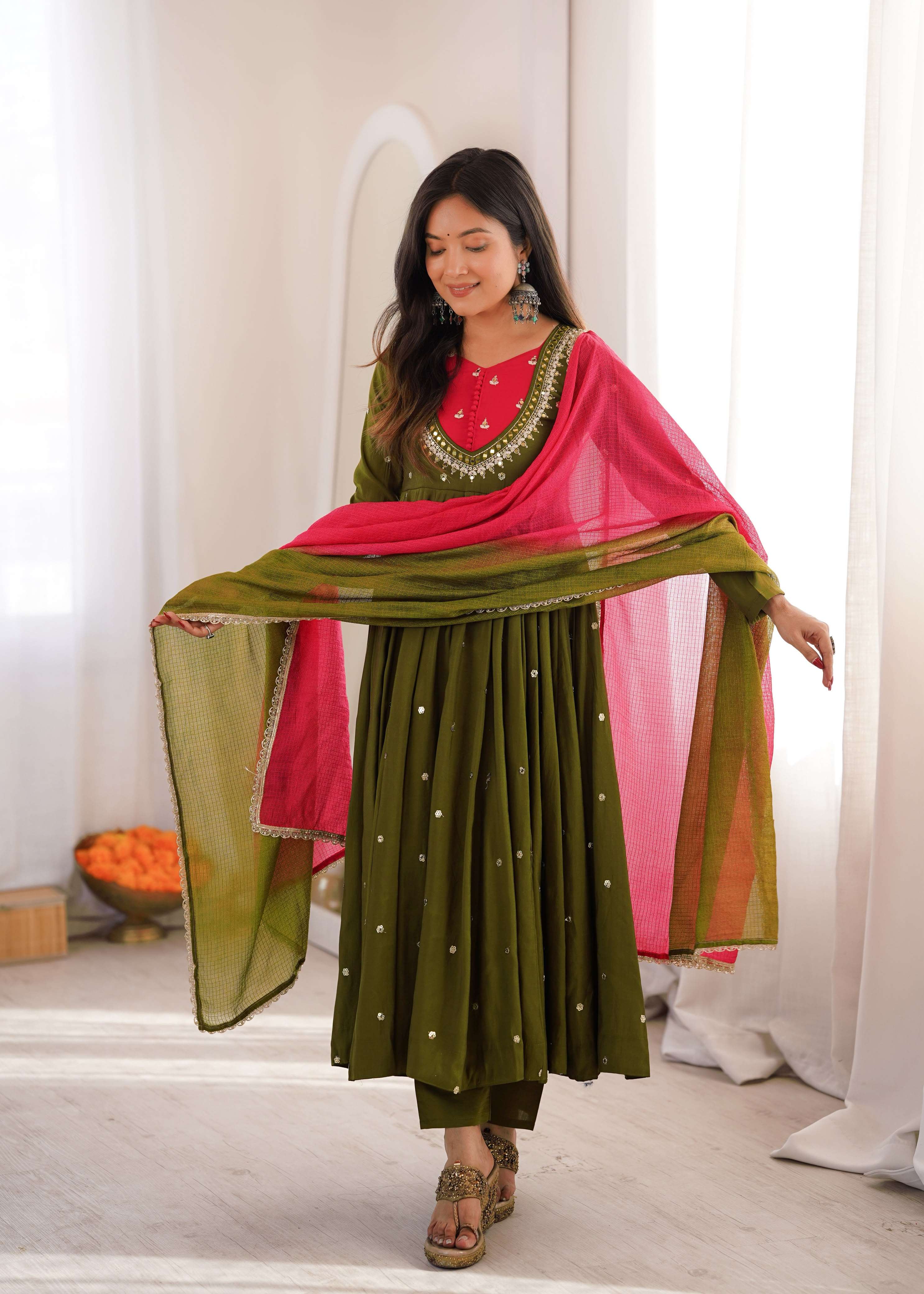 ZF 5023 SILK SEQUENCE EMBROIDERY DESIGNER WORK READY MADE ANARKALI GOWN STYLE SUIT