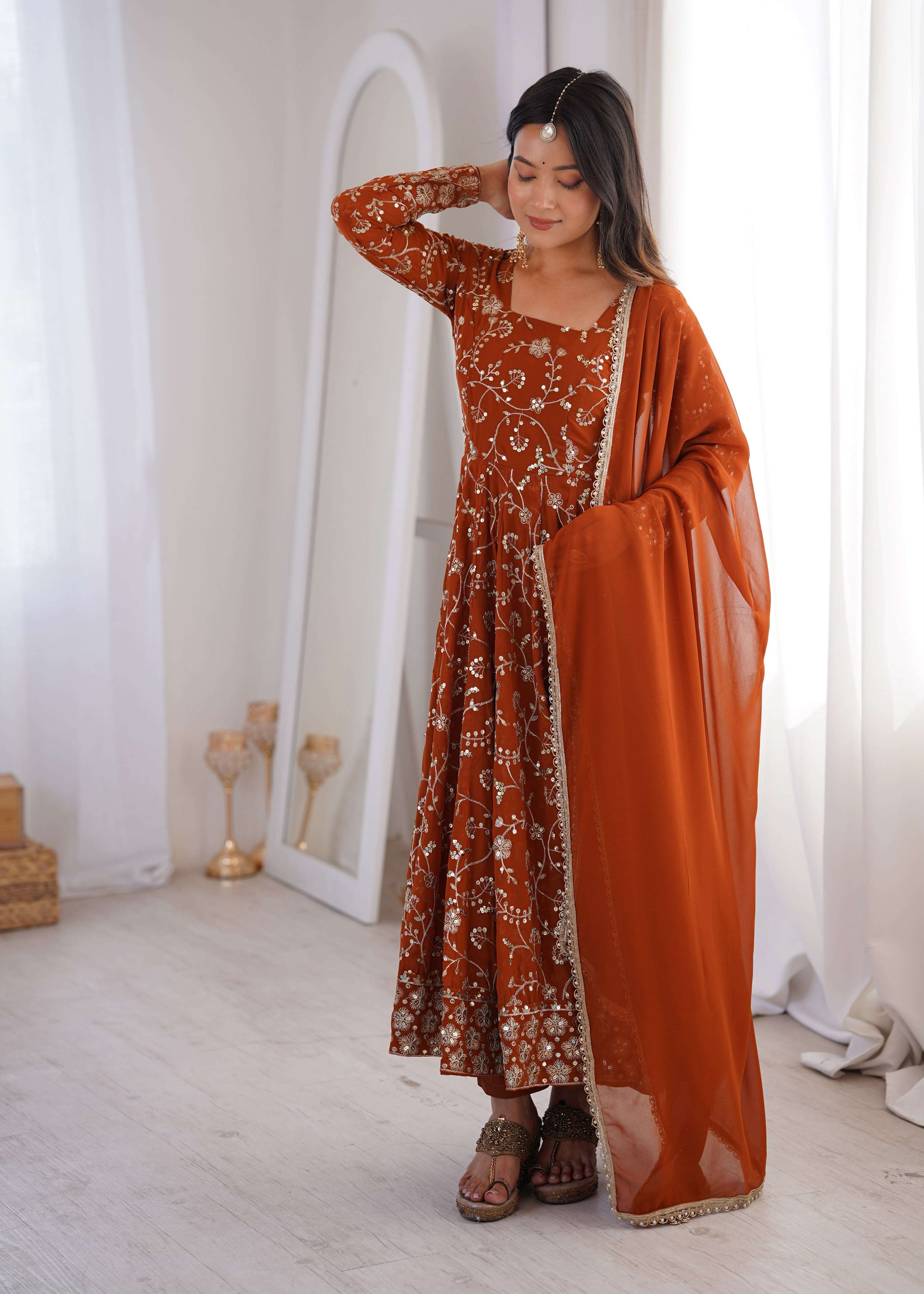 ZF 5024 GEORGETTE HEAVY SEQUENCE EMBROIDERY DESIGNER ANARKALI 3PCS SET 