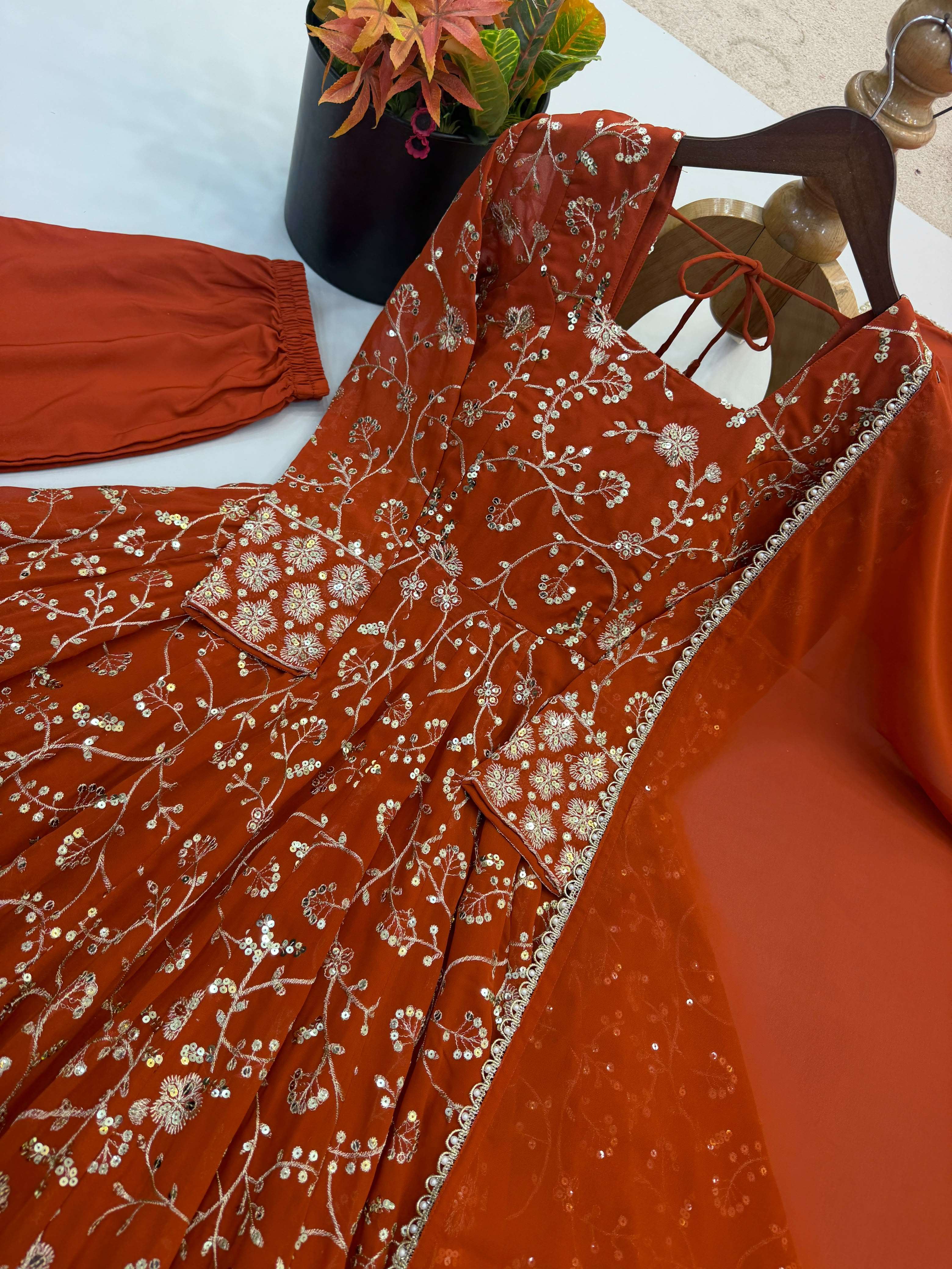 ZF 5024 GEORGETTE HEAVY SEQUENCE EMBROIDERY DESIGNER ANARKALI 3PCS SET 
