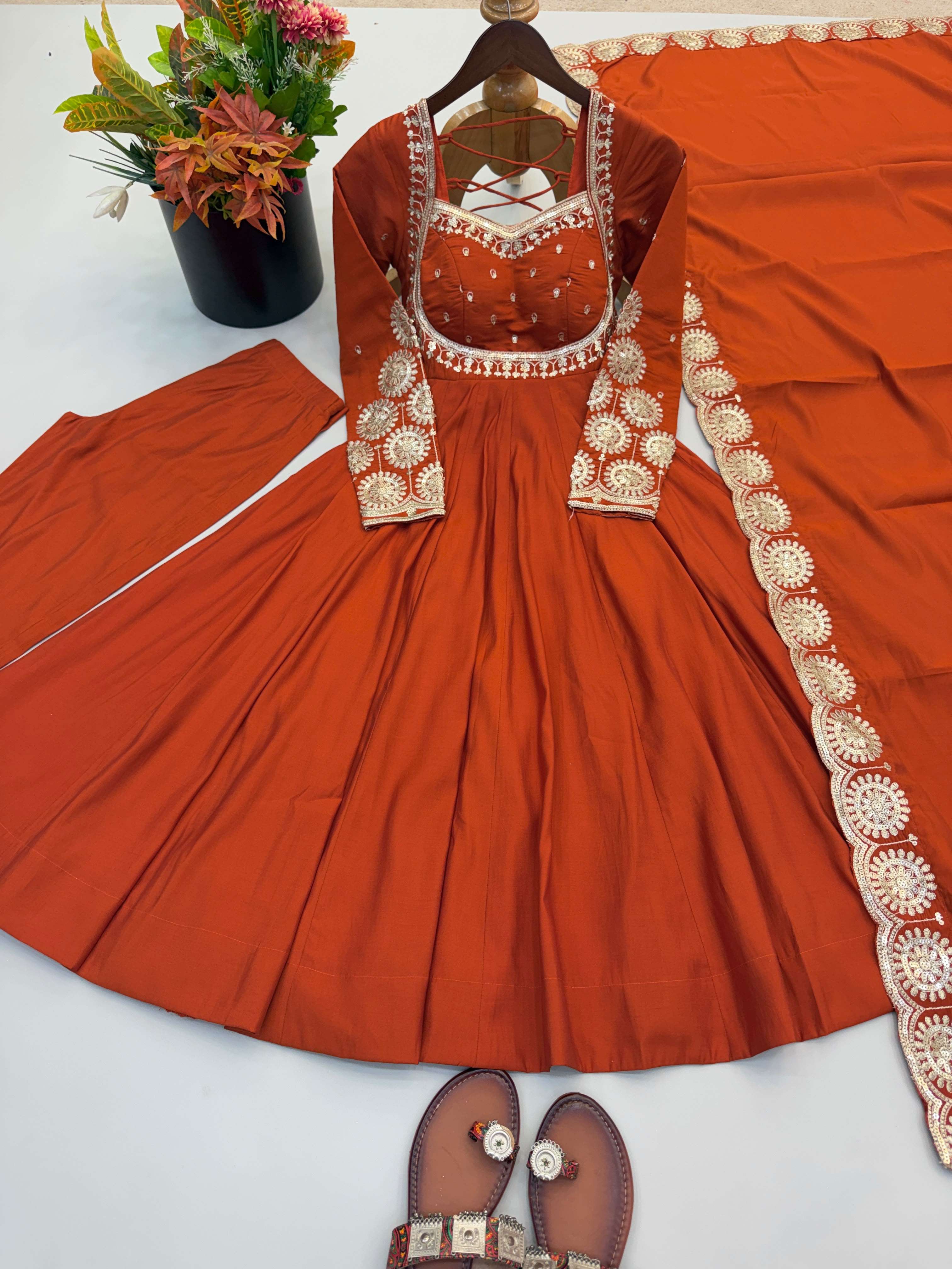 ZF 5026 SILK SEQUENCE EMBROIDERY DESIGNER WORK READY MADE ANARKALI GOWN STYLE SUIT 