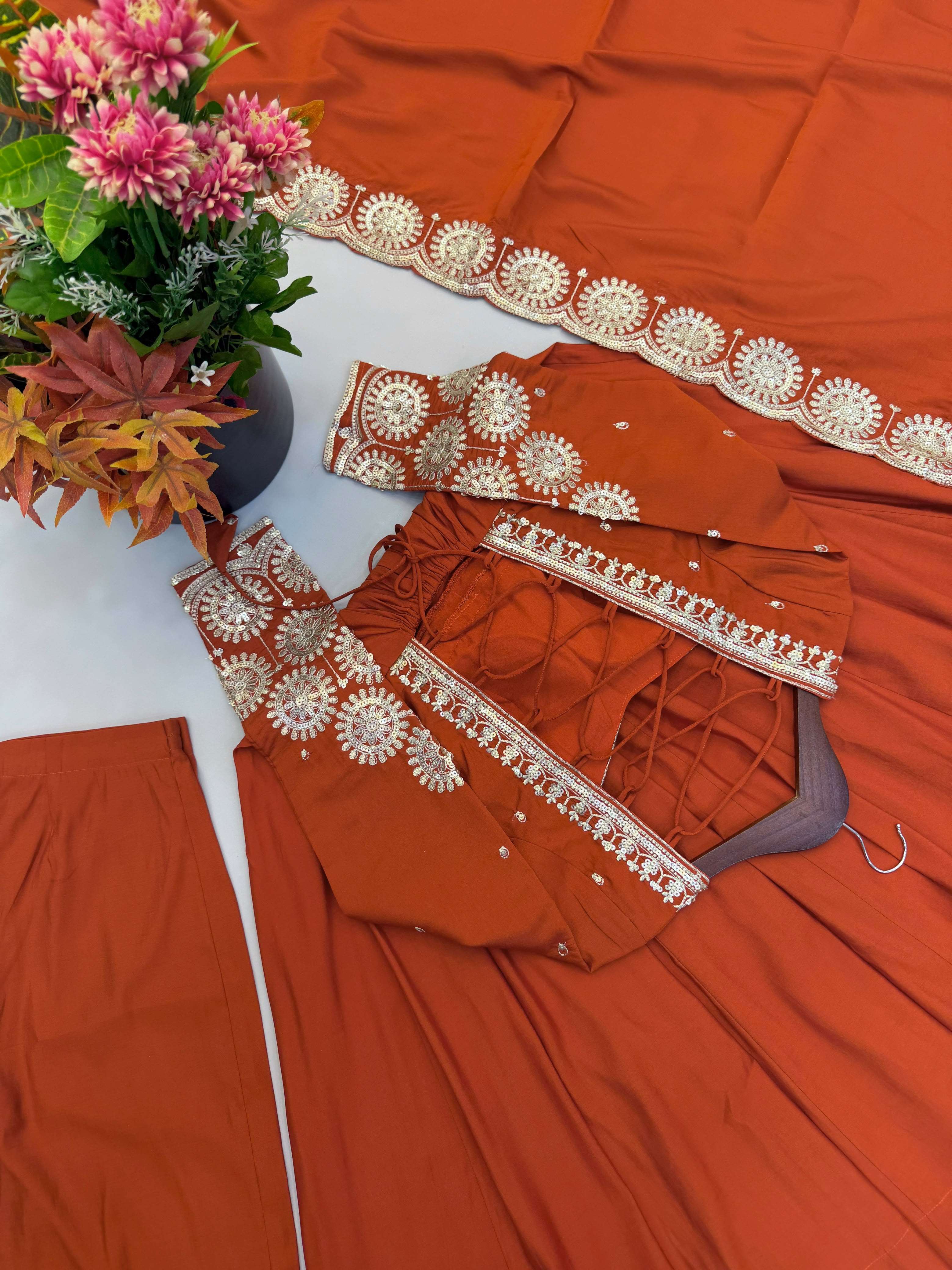 ZF 5026 SILK SEQUENCE EMBROIDERY DESIGNER WORK READY MADE ANARKALI GOWN STYLE SUIT 