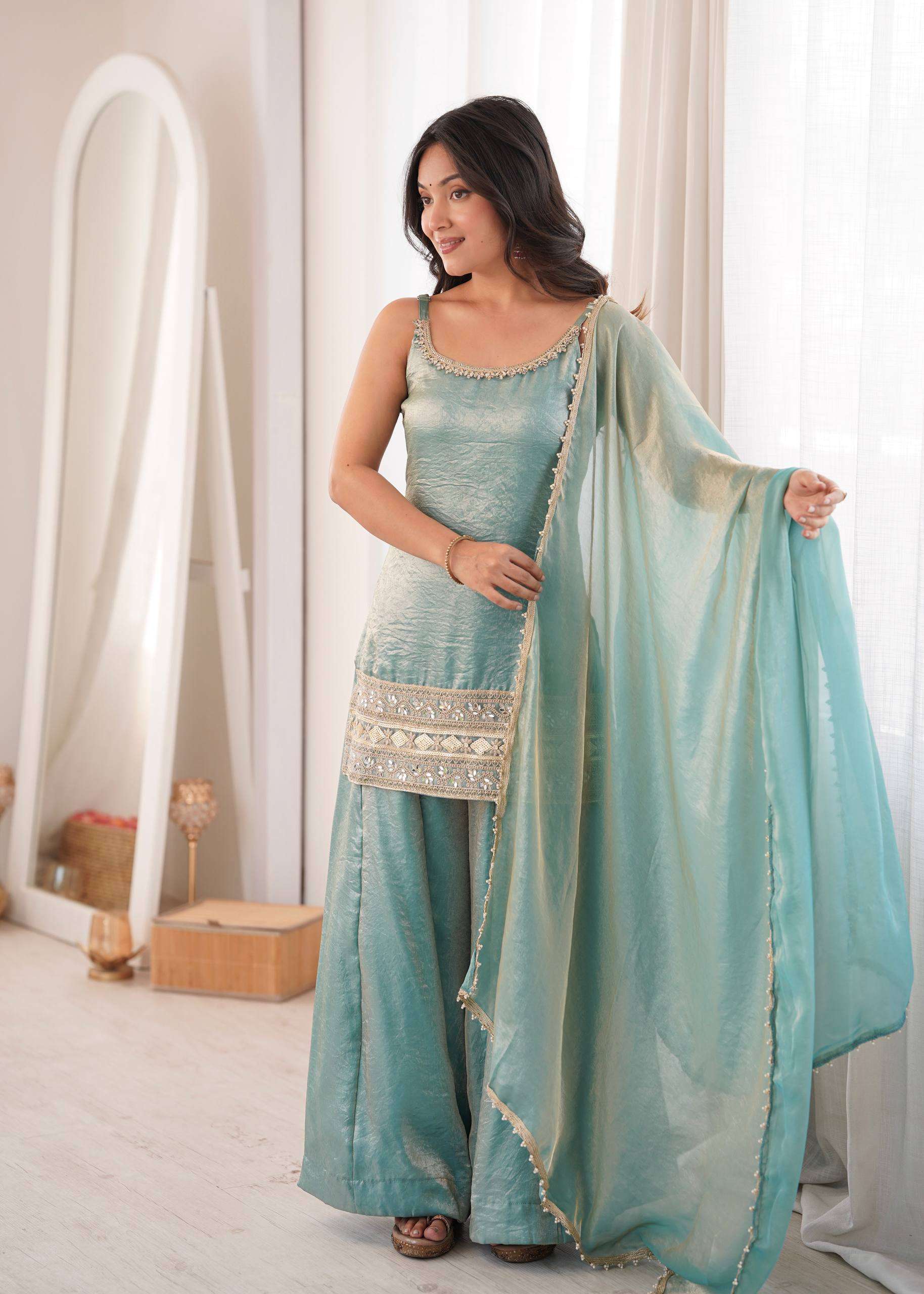 ZSR 3177 CRUSH FABRIC PREETY LOOK DESIGNER PARTY WEAR TOP PLAZZO AND DUPATTA SET 