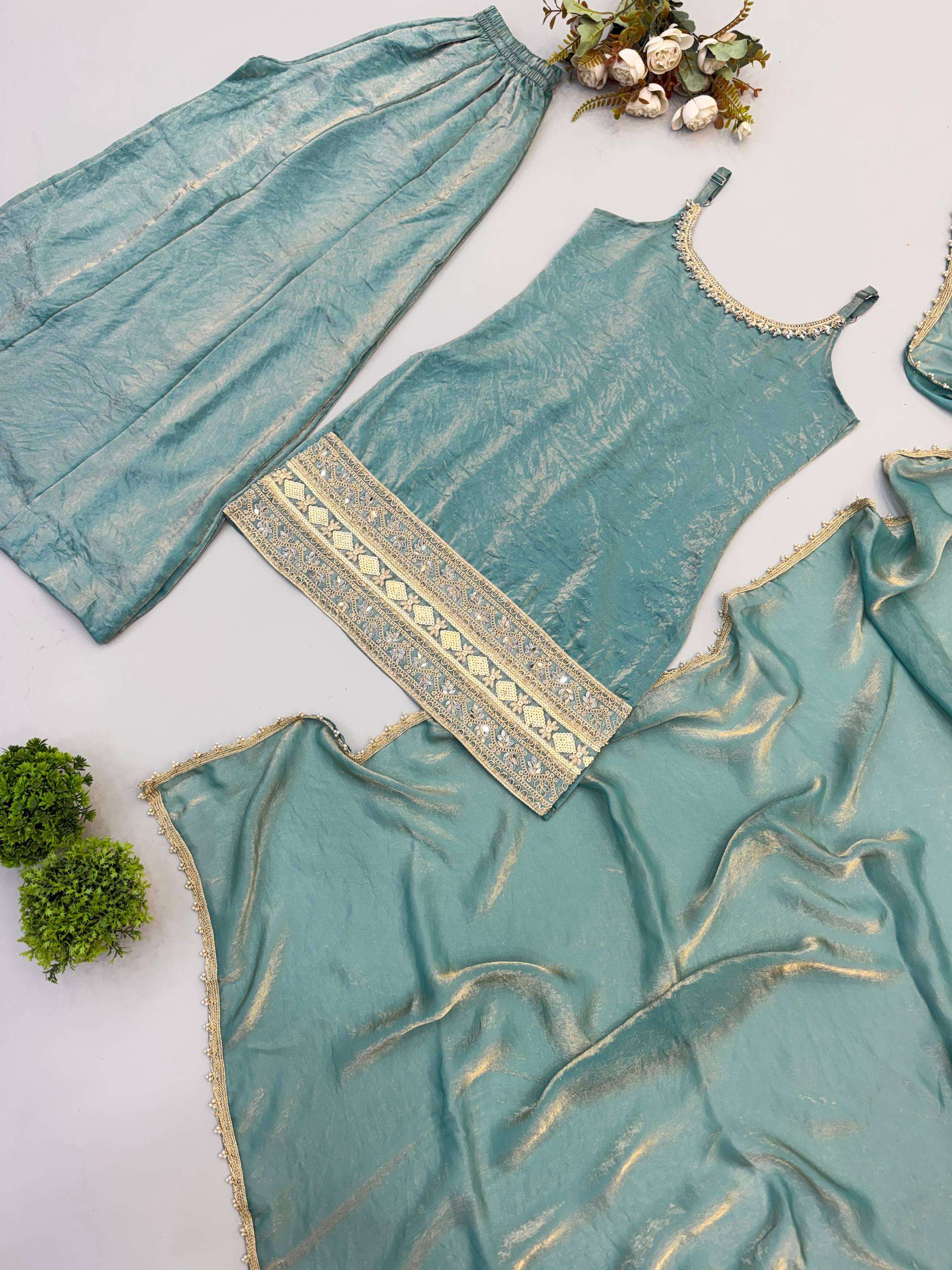 ZSR 3177 CRUSH FABRIC PREETY LOOK DESIGNER PARTY WEAR TOP PLAZZO AND DUPATTA SET 