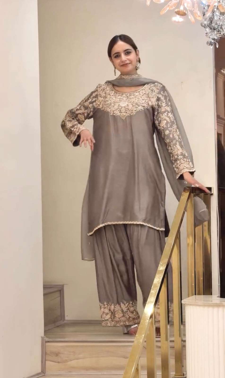 AD 242 SILK EMBROIDERY DESIGNER WORK PARTY WEAR LADIES TOP FARSHI PLAZZO AND DUPATTA SET 