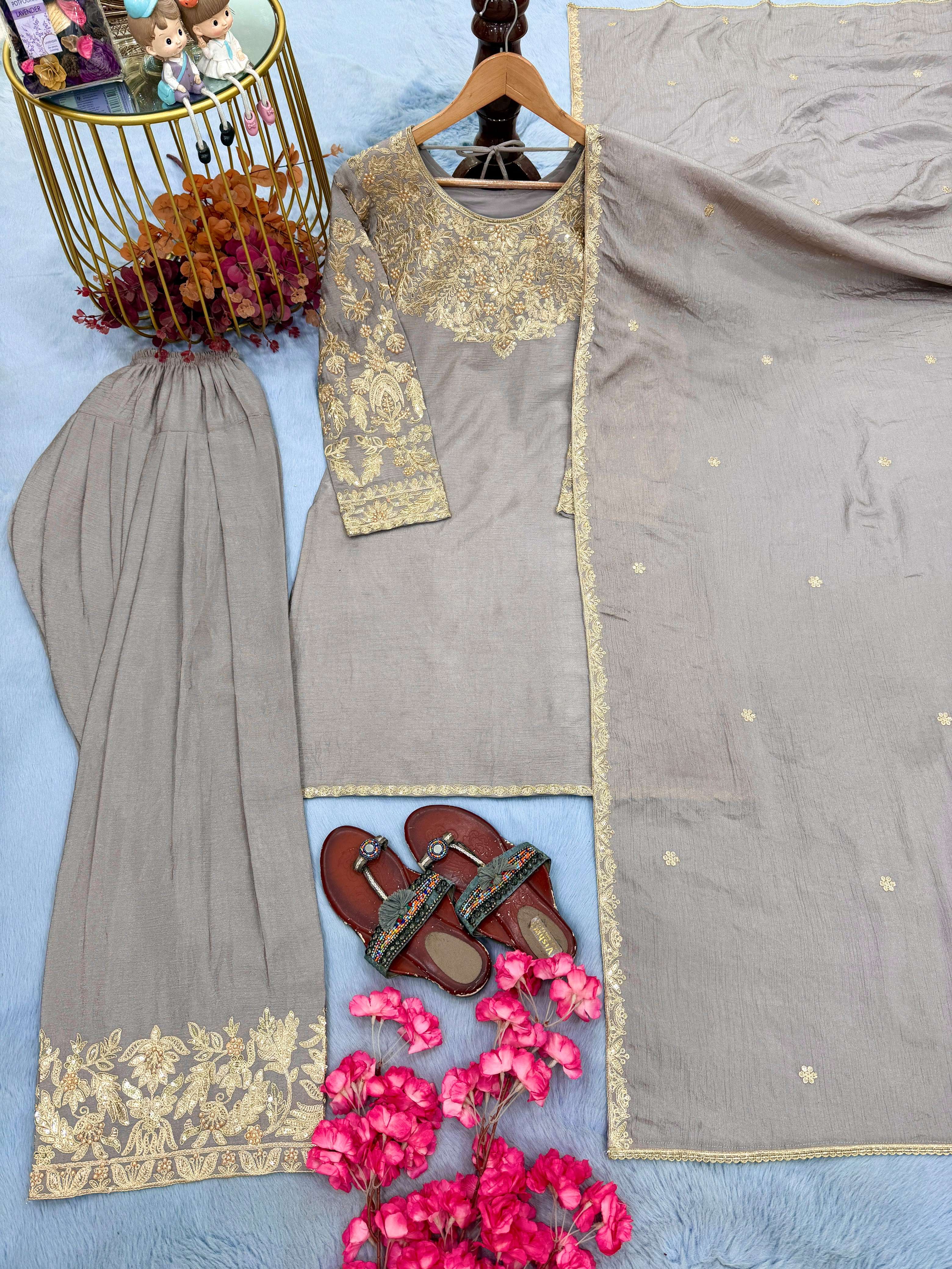 AD 242 SILK EMBROIDERY DESIGNER WORK PARTY WEAR LADIES TOP FARSHI PLAZZO AND DUPATTA SET 