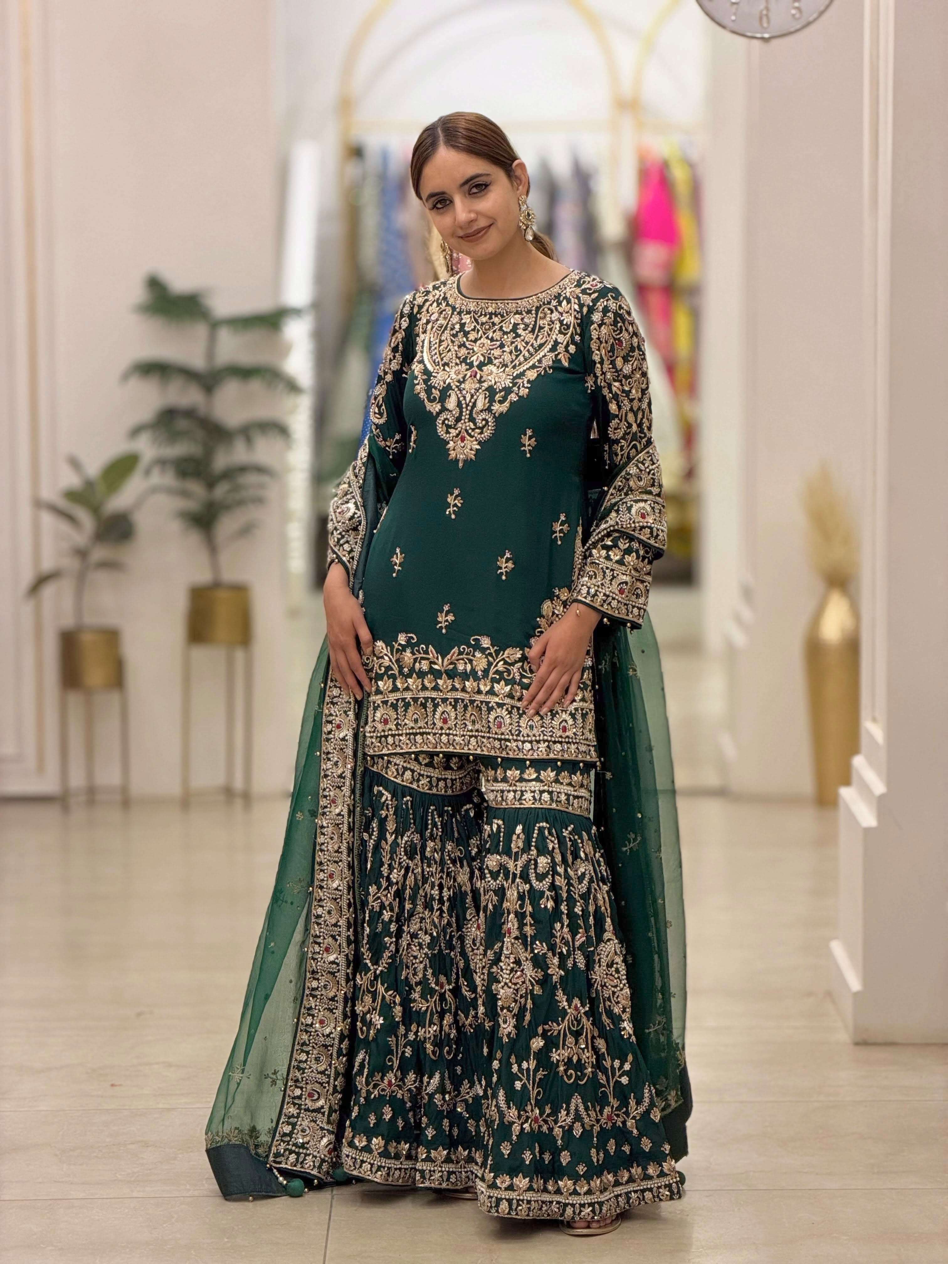 AD 243 FOR GEORGETTE HEAVY EMBROIDERED DESIGNER WEDDING FUNCTION WEAR SHARARA SUIT