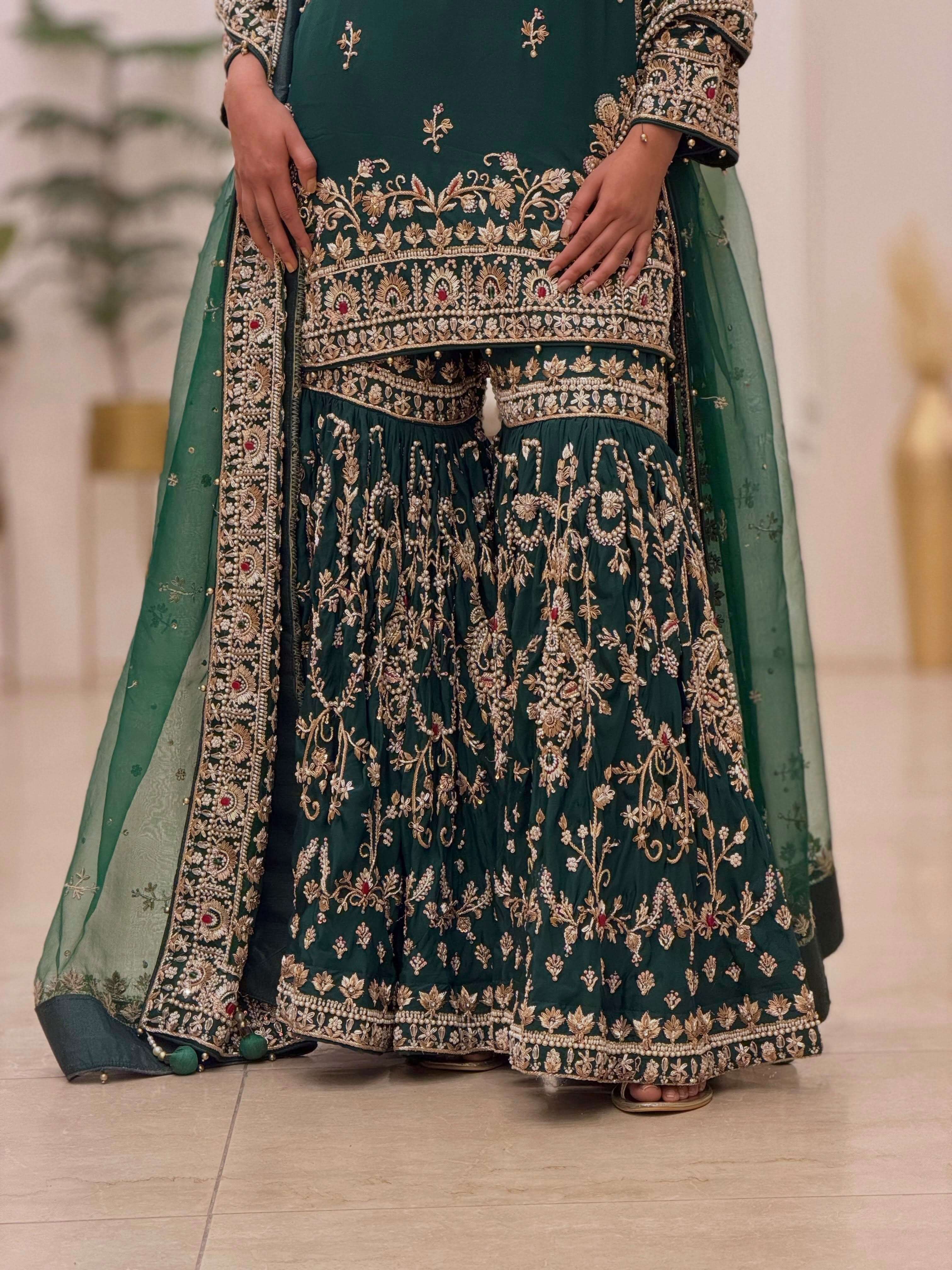 AD 243 FOR GEORGETTE HEAVY EMBROIDERED DESIGNER WEDDING FUNCTION WEAR SHARARA SUIT
