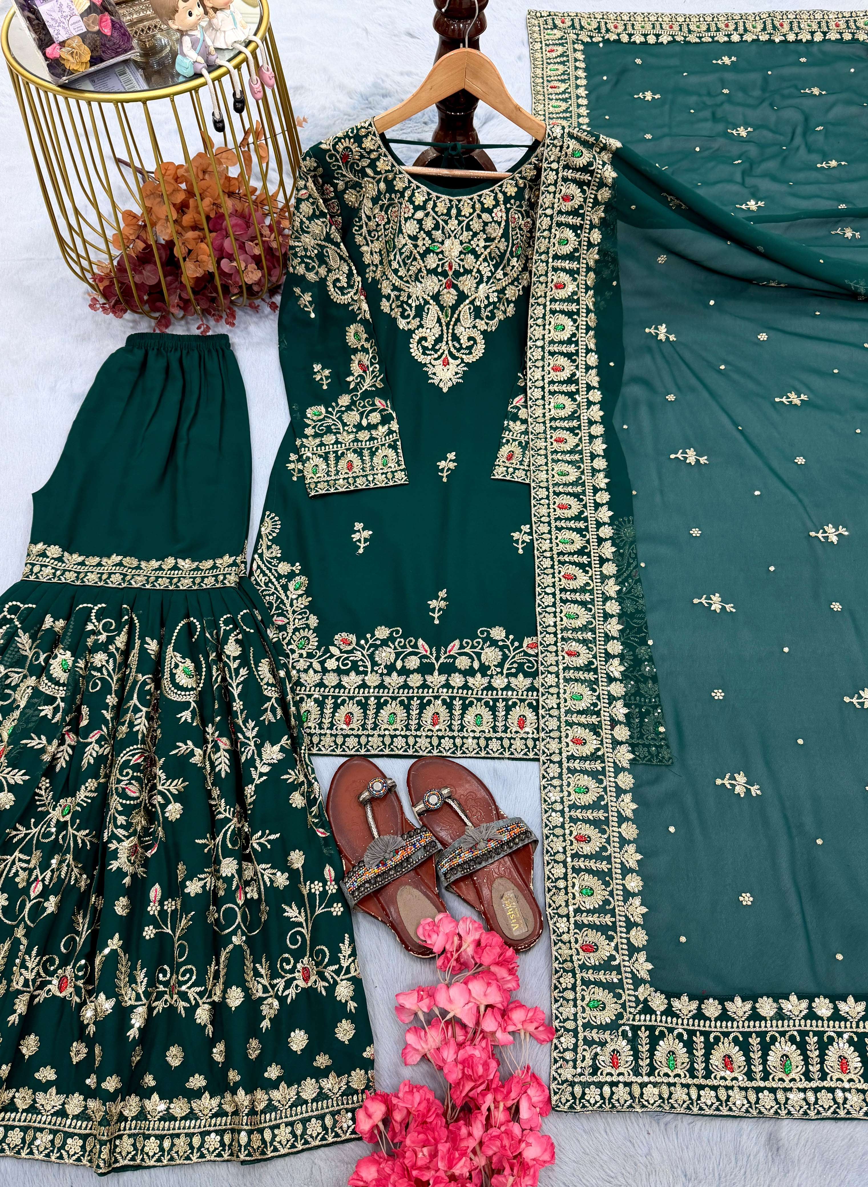 AD 243 FOR GEORGETTE HEAVY EMBROIDERED DESIGNER WEDDING FUNCTION WEAR SHARARA SUIT