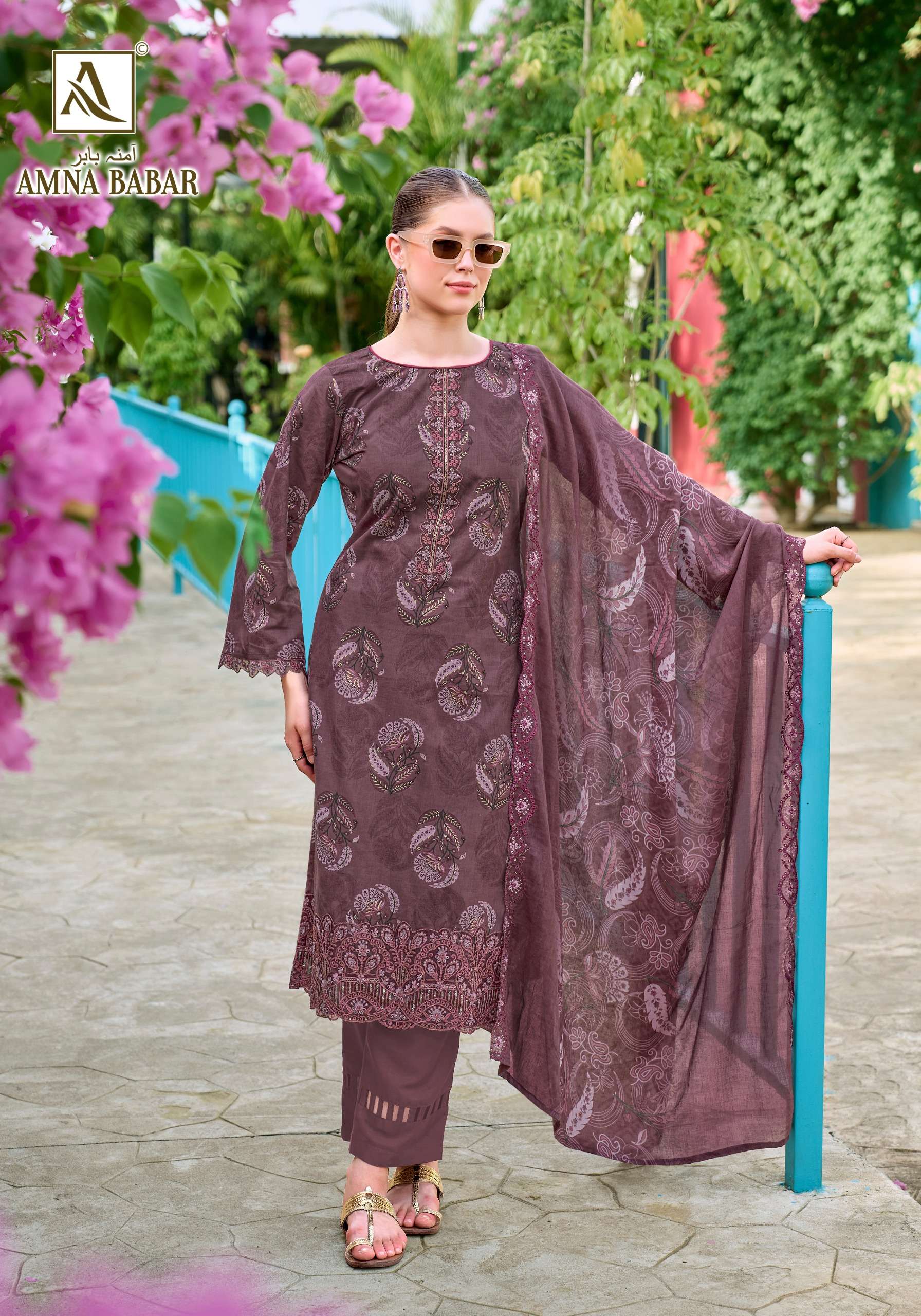 ALOK SUITS AMNA BABAR COTTON FOIL PRINT WITH FANCY EMBROIDERY WORK SUIT