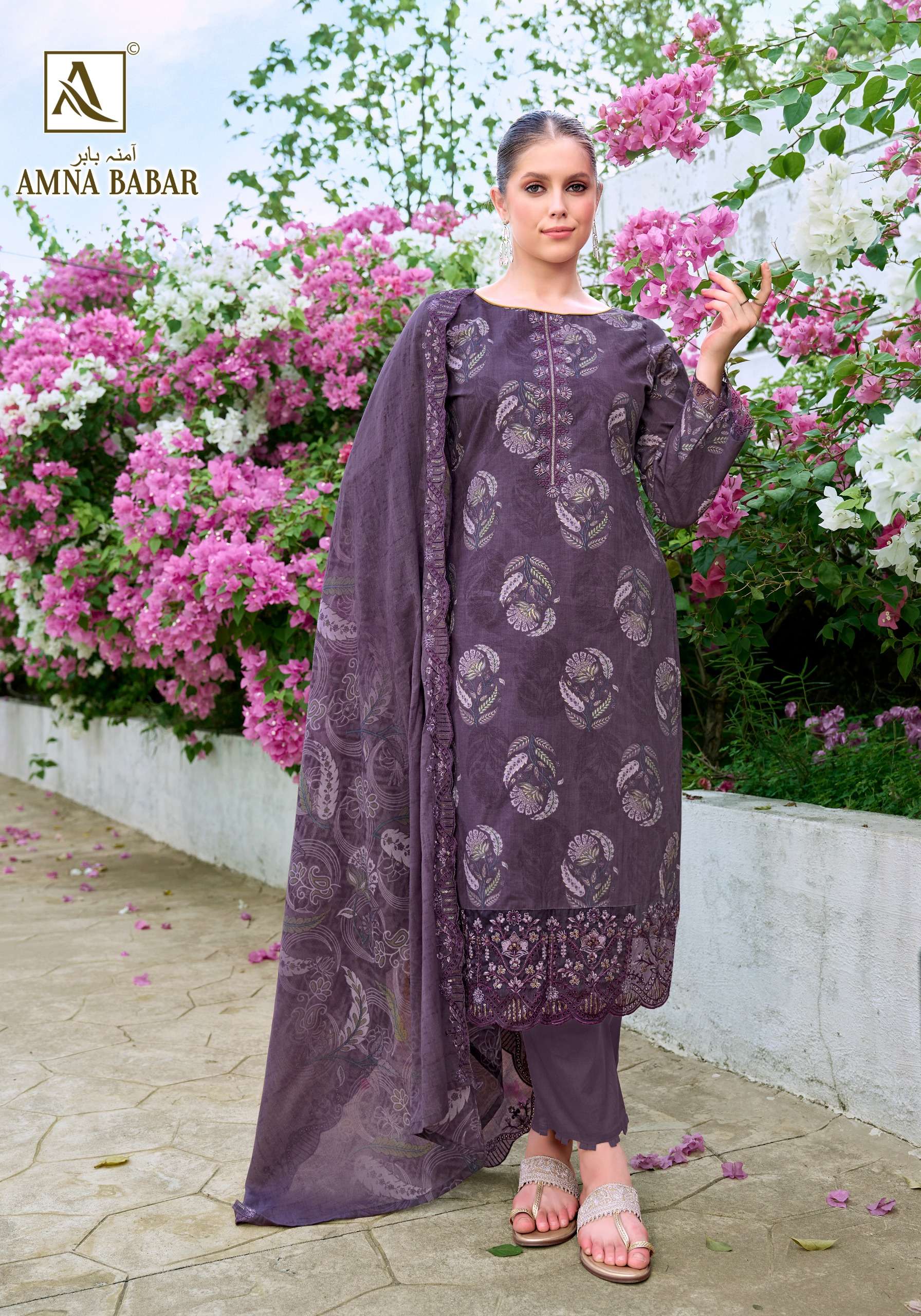 ALOK SUITS AMNA BABAR COTTON FOIL PRINT WITH FANCY EMBROIDERY WORK SUIT