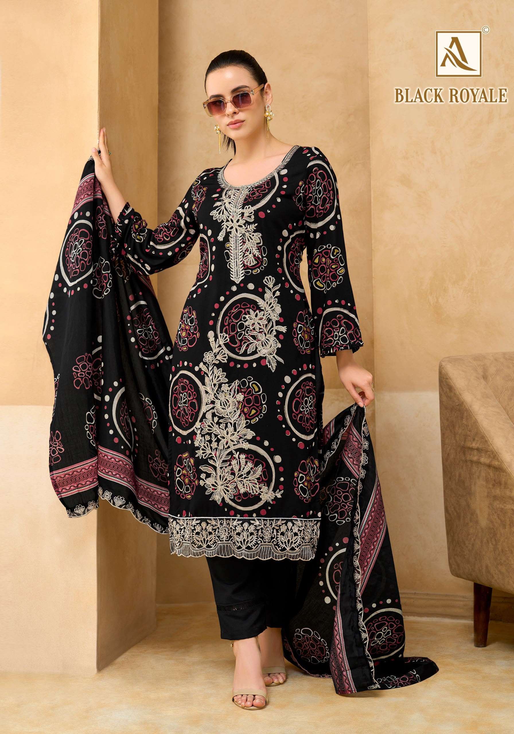 ALOK SUITS BLACK ROYALE VISCOSE PRINT WITH FANCY EMBROIDERY WORK SUIT