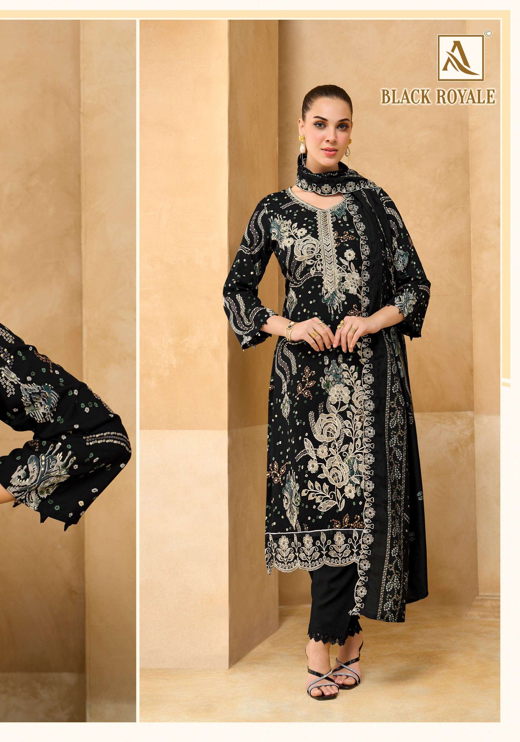 ALOK SUITS BLACK ROYALE VISCOSE PRINT WITH FANCY EMBROIDERY WORK SUIT