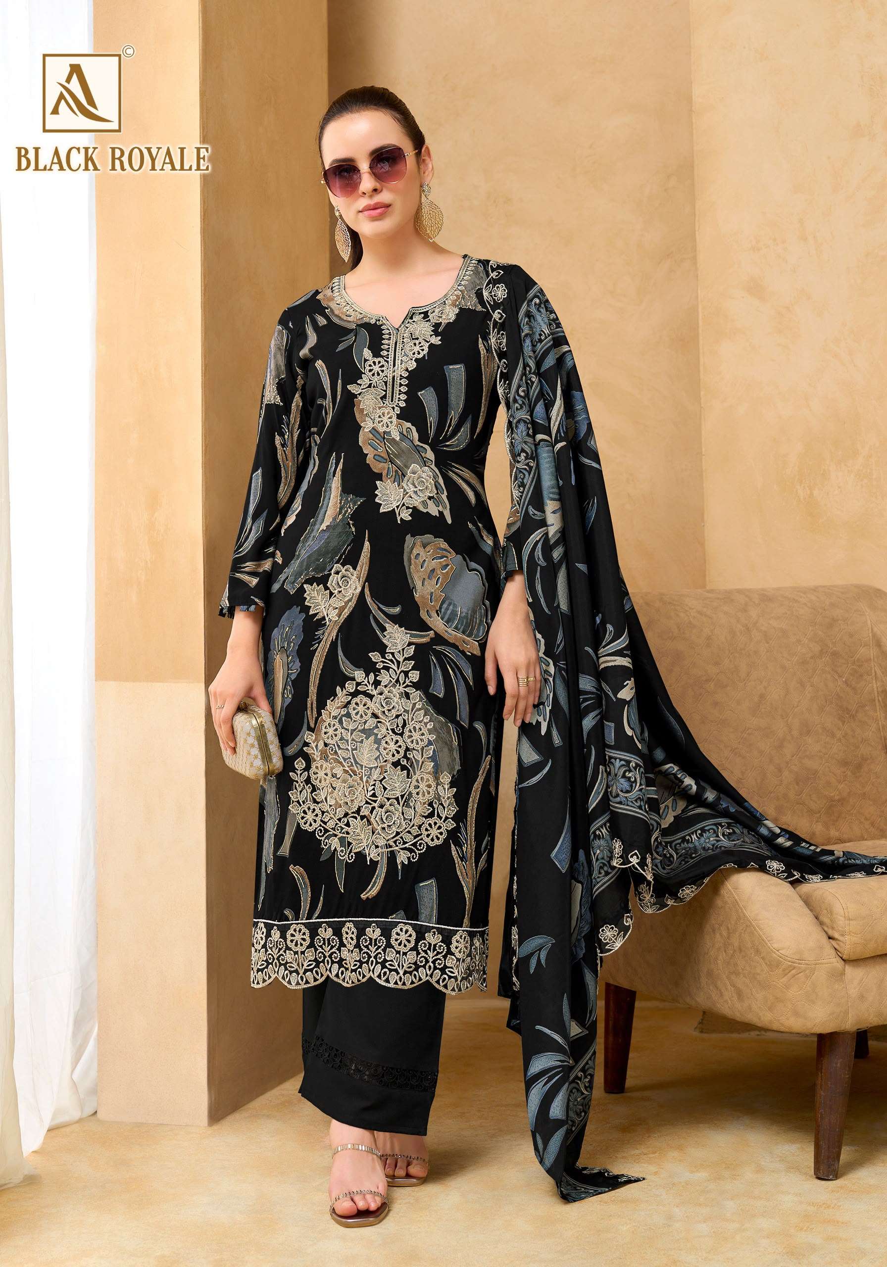 ALOK SUITS BLACK ROYALE VISCOSE PRINT WITH FANCY EMBROIDERY WORK SUIT