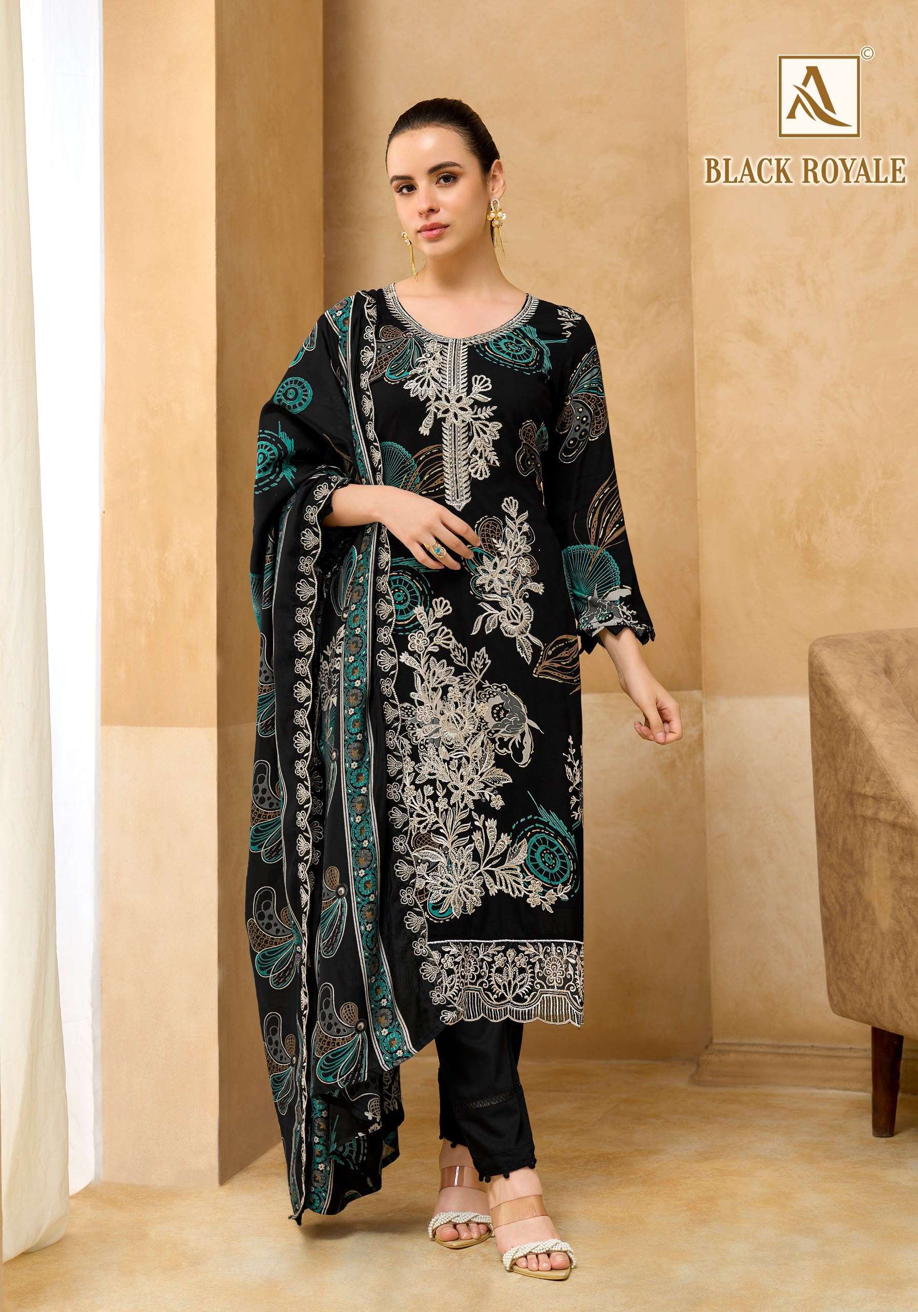 ALOK SUITS BLACK ROYALE VISCOSE PRINT WITH FANCY EMBROIDERY WORK SUIT