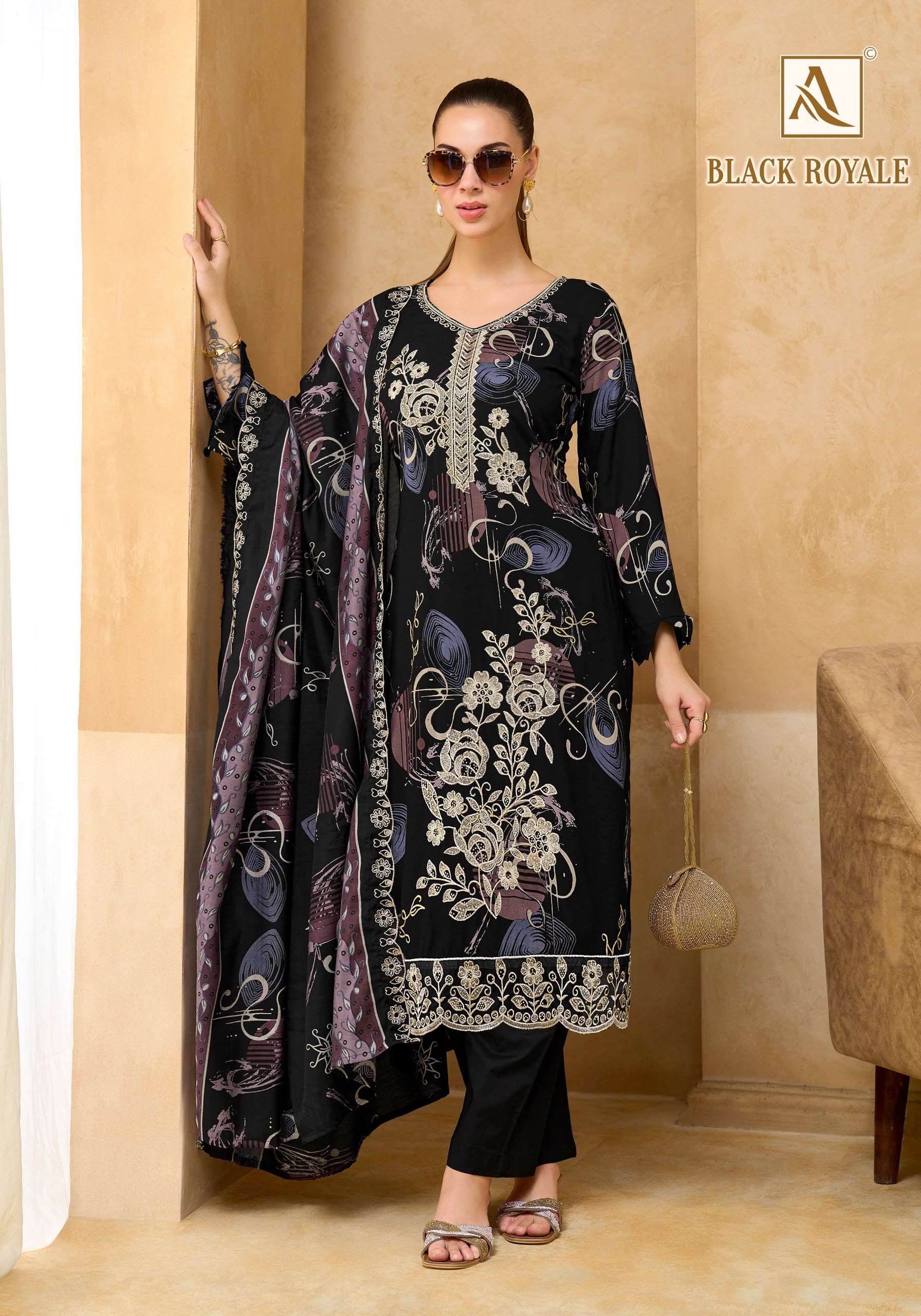 ALOK SUITS BLACK ROYALE VISCOSE PRINT WITH FANCY EMBROIDERY WORK SUIT