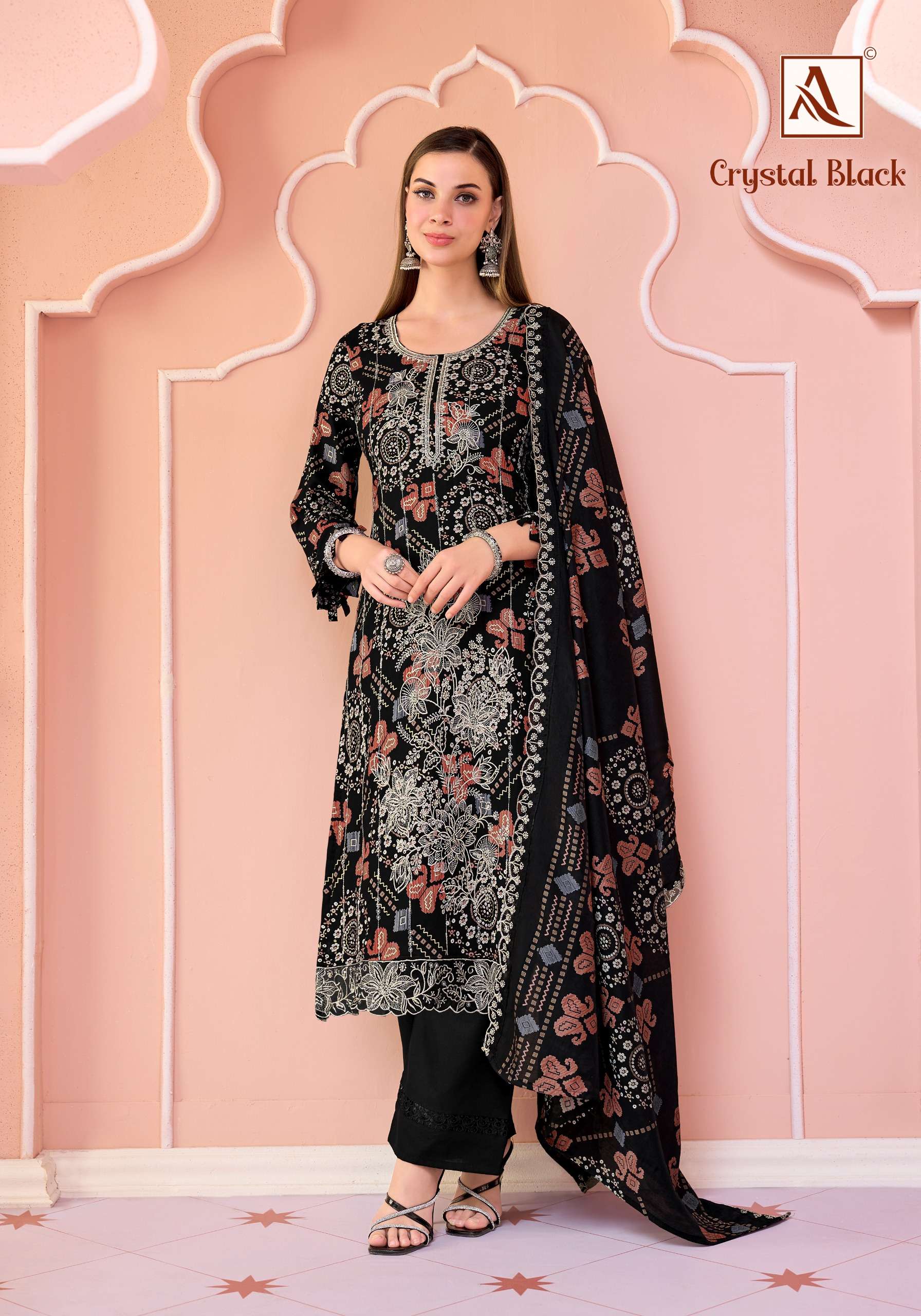 ALOK SUITS CRYSTAL BLACK VISCOSE FOIL PRINT WITH FANCY EMBROIDERY WORK SUIT