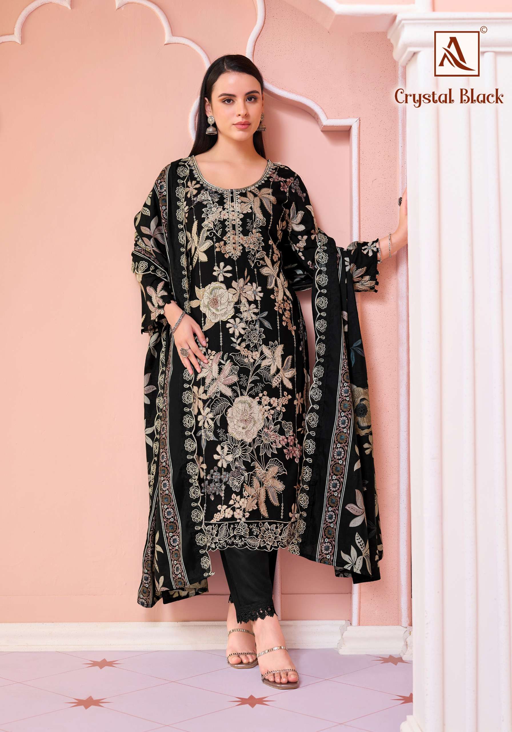 ALOK SUITS CRYSTAL BLACK VISCOSE FOIL PRINT WITH FANCY EMBROIDERY WORK SUIT
