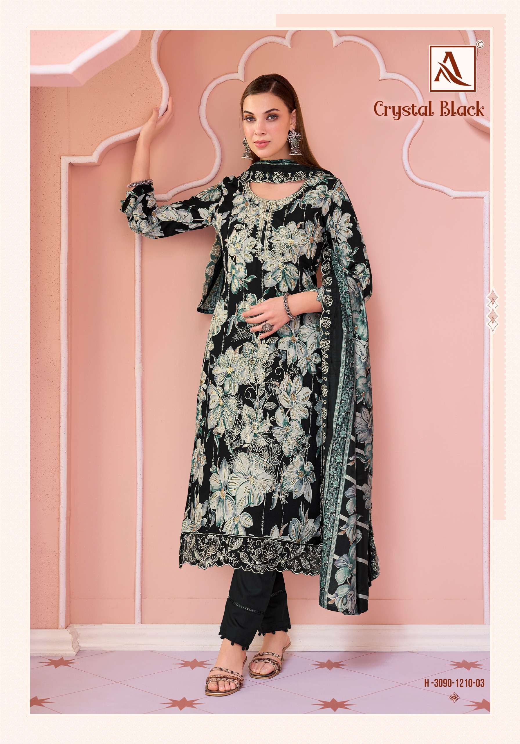 ALOK SUITS CRYSTAL BLACK VISCOSE FOIL PRINT WITH FANCY EMBROIDERY WORK SUIT