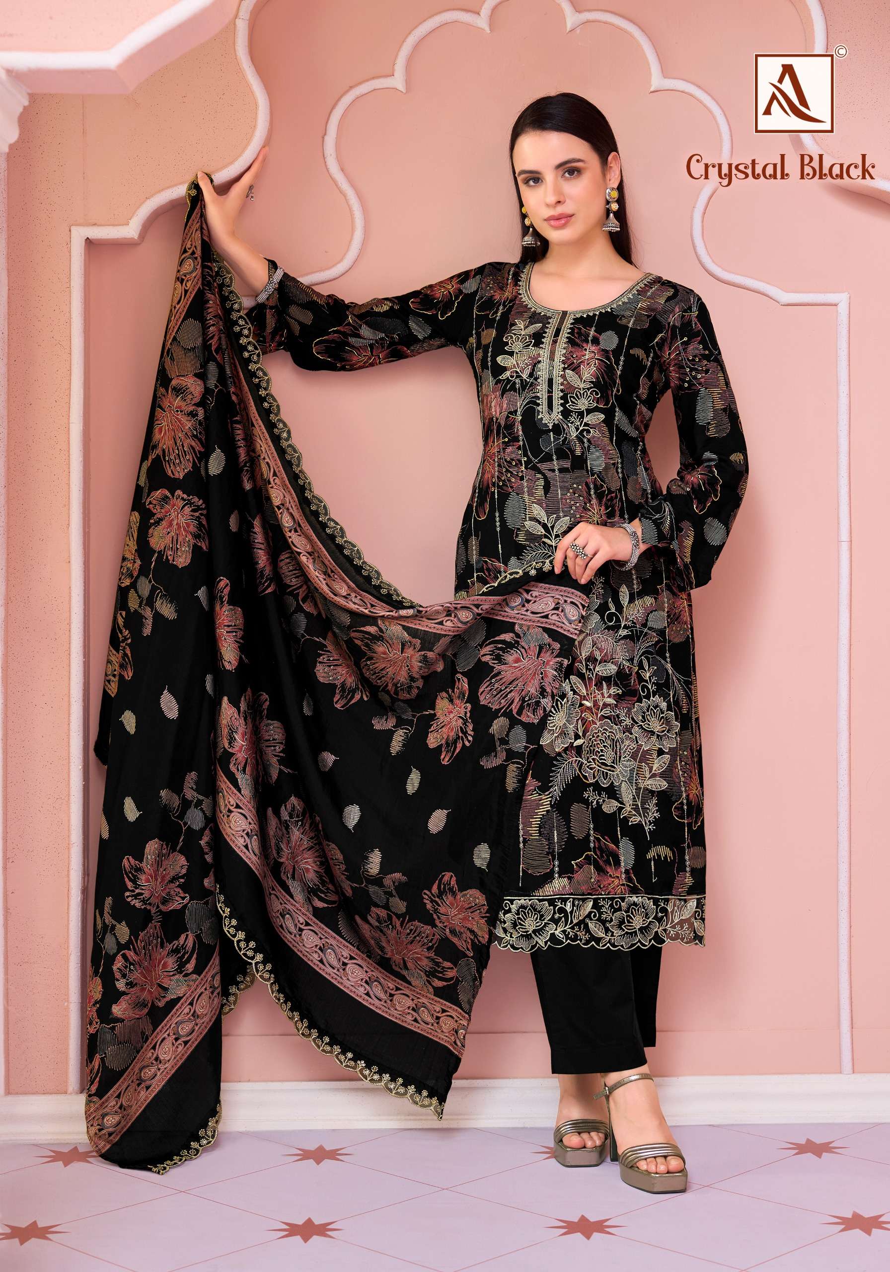 ALOK SUITS CRYSTAL BLACK VISCOSE FOIL PRINT WITH FANCY EMBROIDERY WORK SUIT