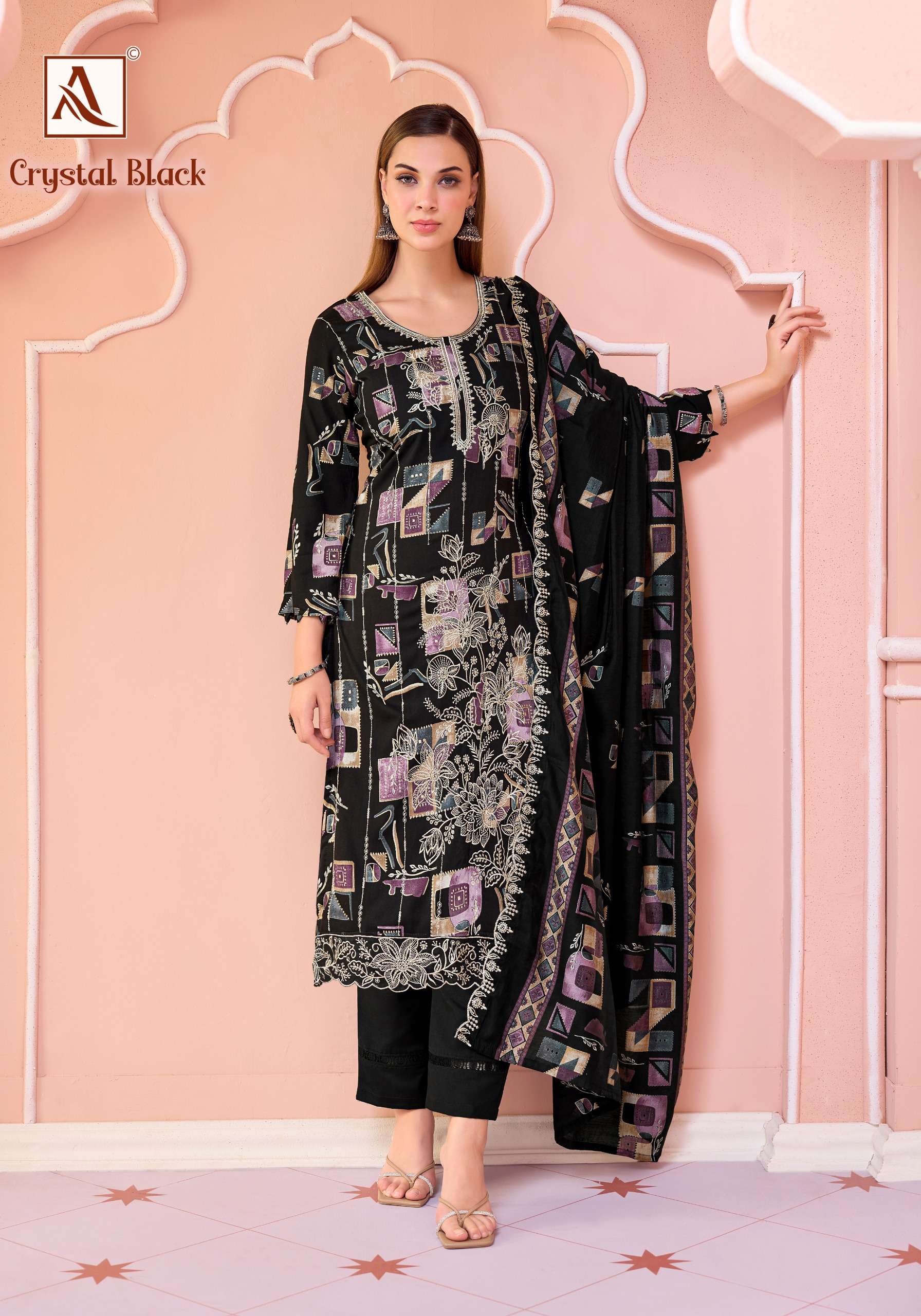 ALOK SUITS CRYSTAL BLACK VISCOSE FOIL PRINT WITH FANCY EMBROIDERY WORK SUIT