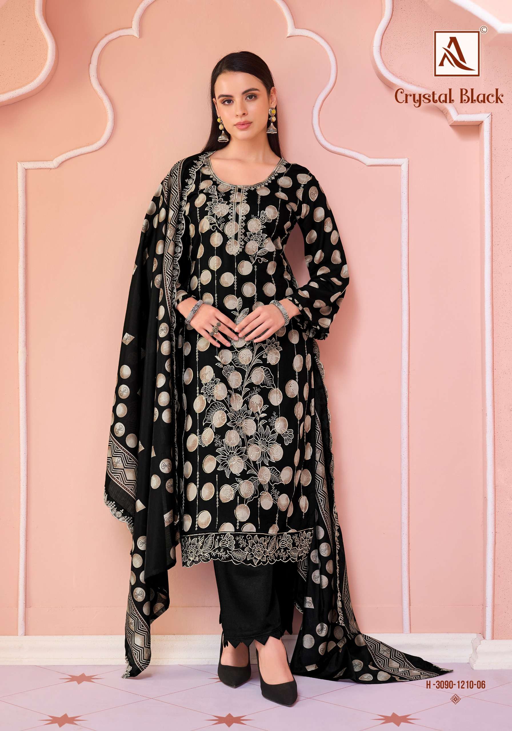 ALOK SUITS CRYSTAL BLACK VISCOSE FOIL PRINT WITH FANCY EMBROIDERY WORK SUIT
