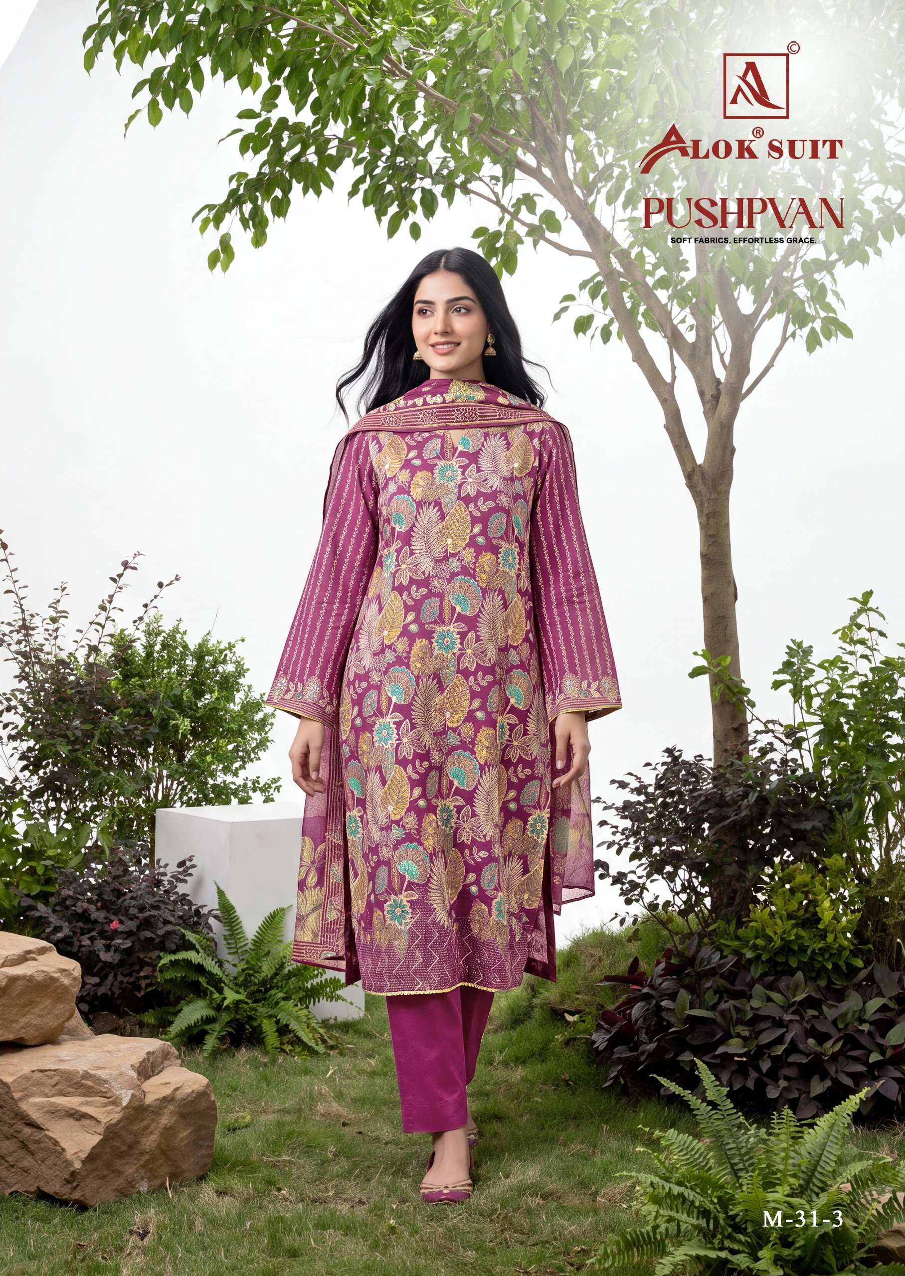 ALOK SUITS PUSHPVAN MODAL PRINT FABRIC WITH FANCY WORK SUIT