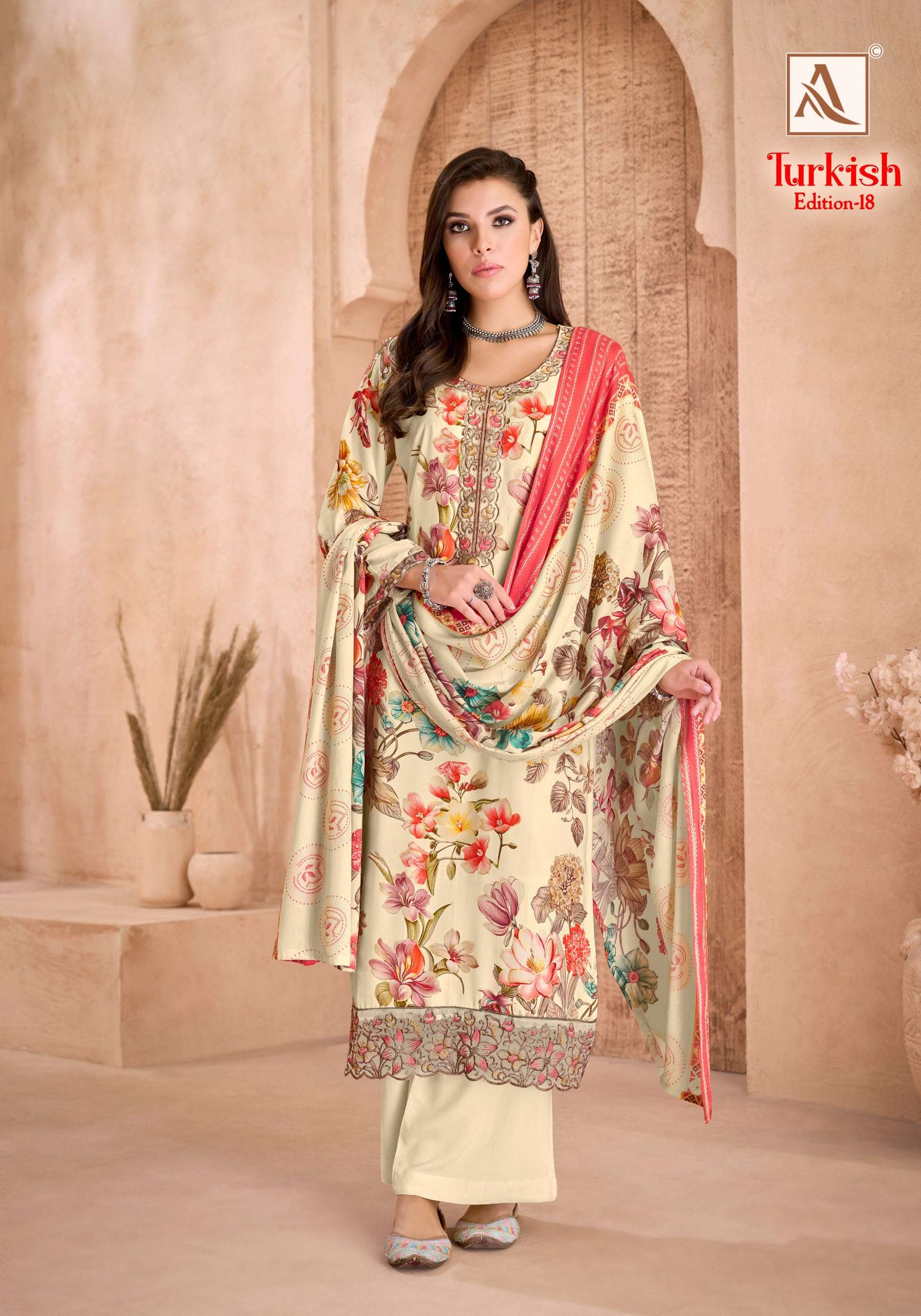 ALOK SUITS TURKISH EDITION 18 VISCOSE RAYON PRINT WITH FANCY WORK SUIT