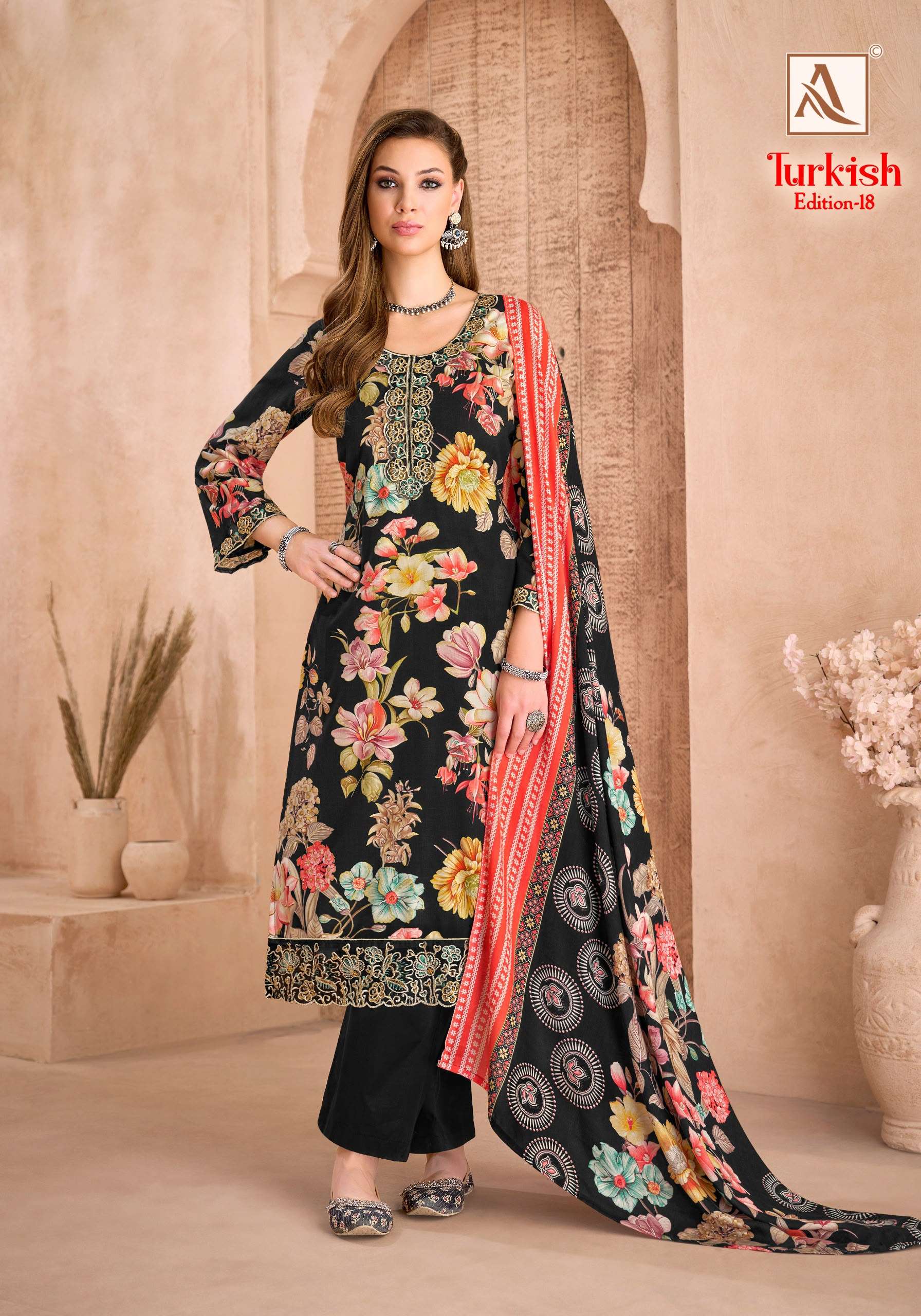 ALOK SUITS TURKISH EDITION 18 VISCOSE RAYON PRINT WITH FANCY WORK SUIT