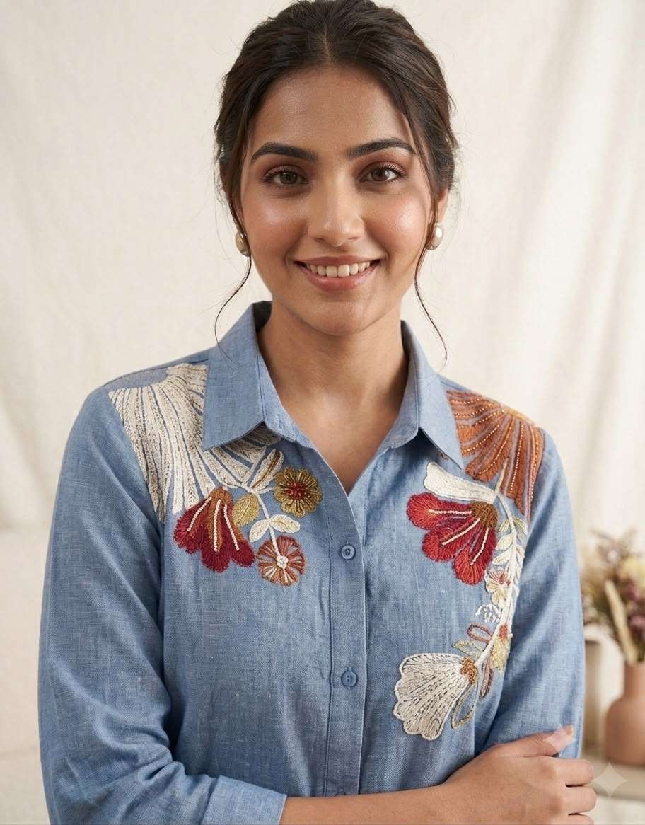BE 483 COTTON DENIM SEQUENCE EMBROIDERED WORK CO-ORD SET 