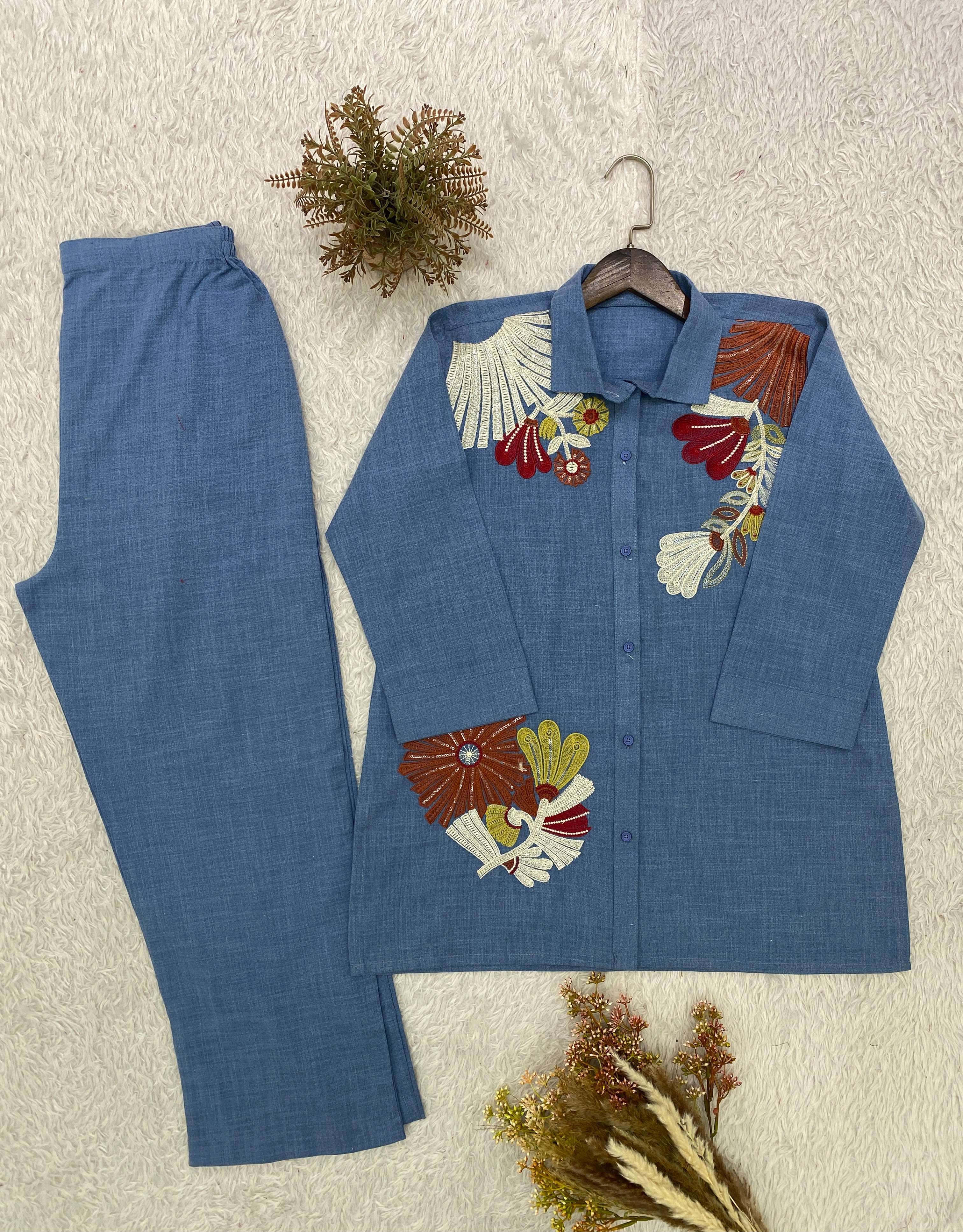 BE 483 COTTON DENIM SEQUENCE EMBROIDERED WORK CO-ORD SET 