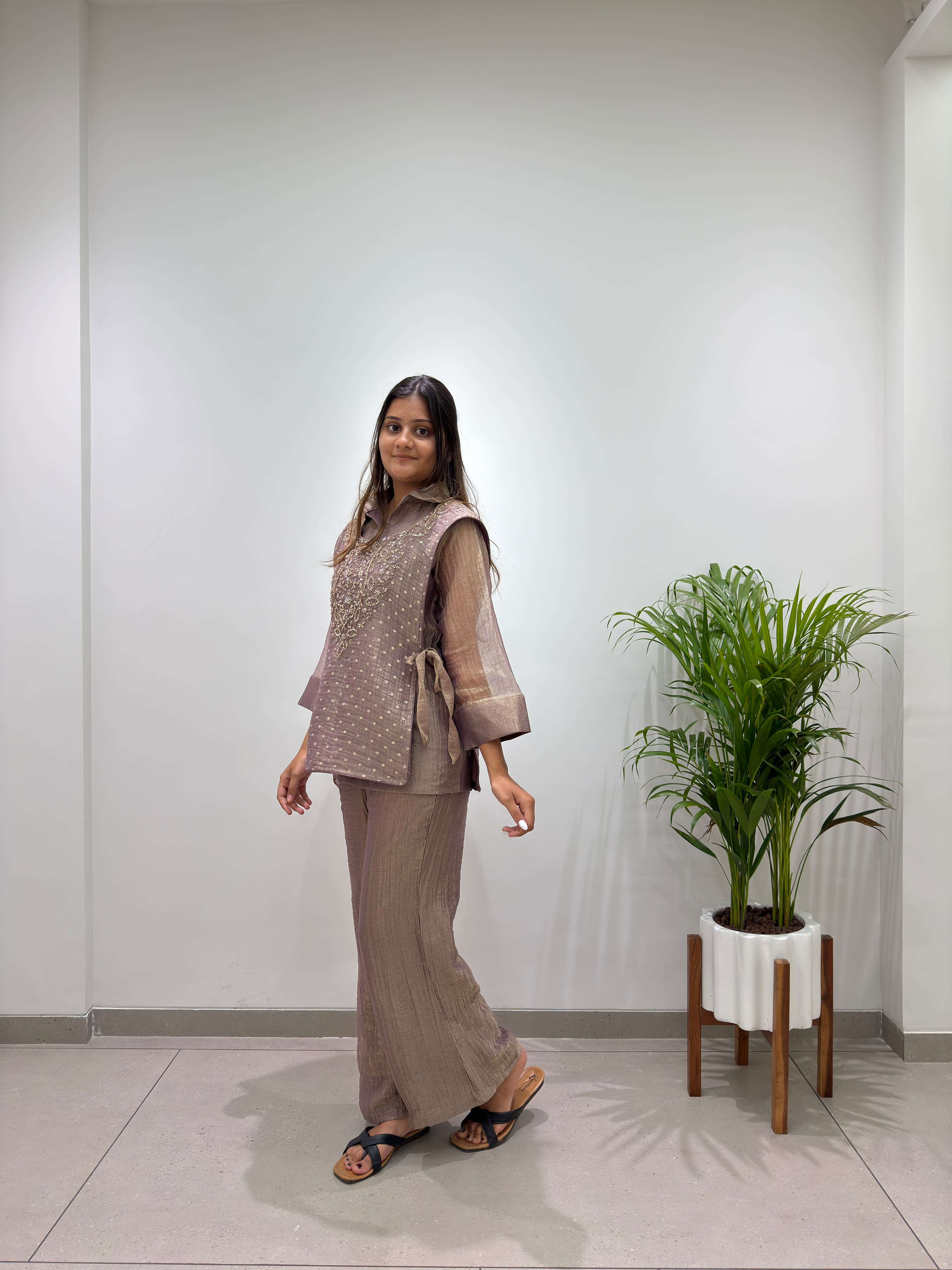 BE 484 SILK DESIGNER WORK SHIRT PANT WITH  HAND EMBROIDERED SHRUG 