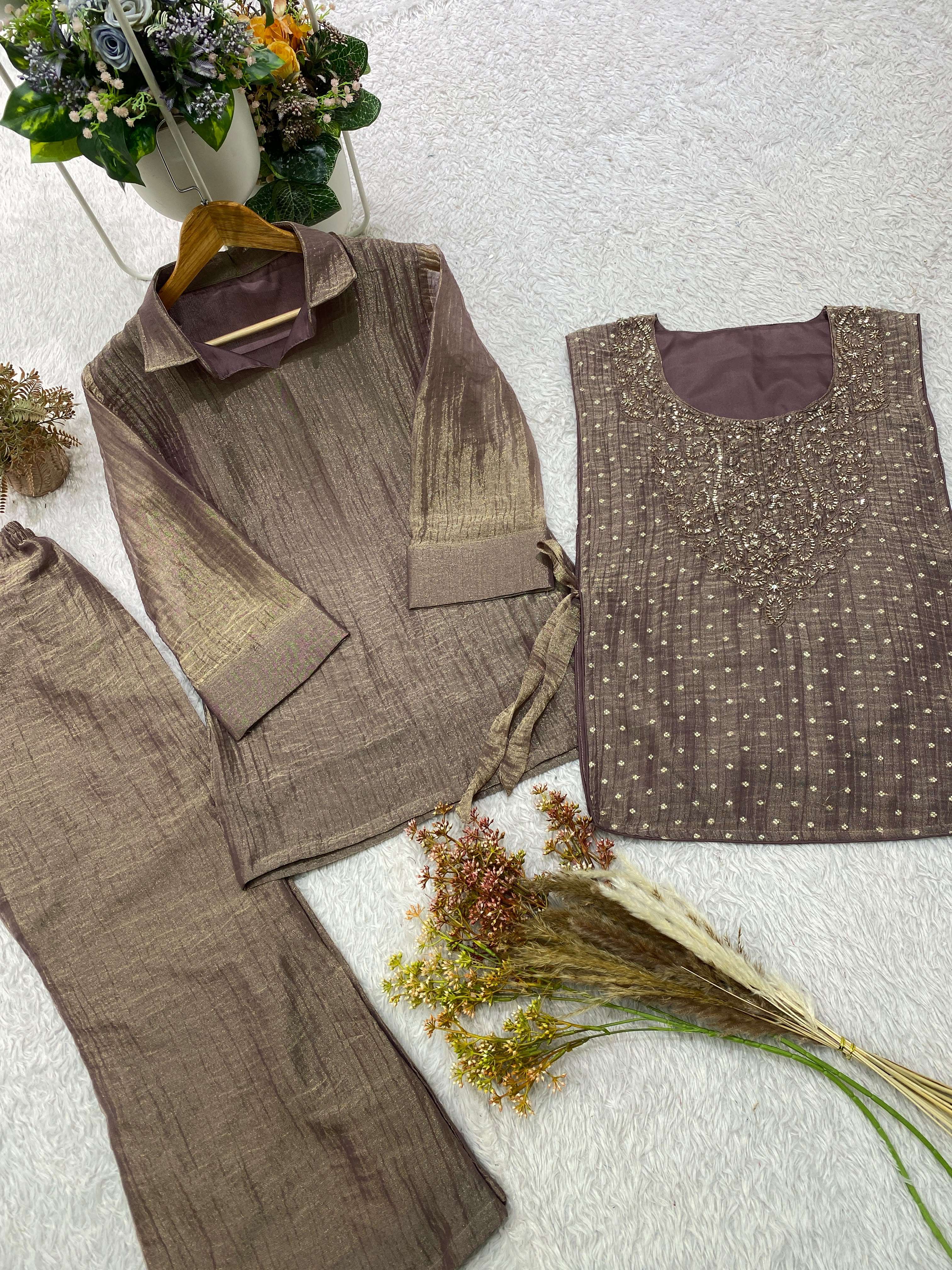 BE 484 SILK DESIGNER WORK SHIRT PANT WITH  HAND EMBROIDERED SHRUG 