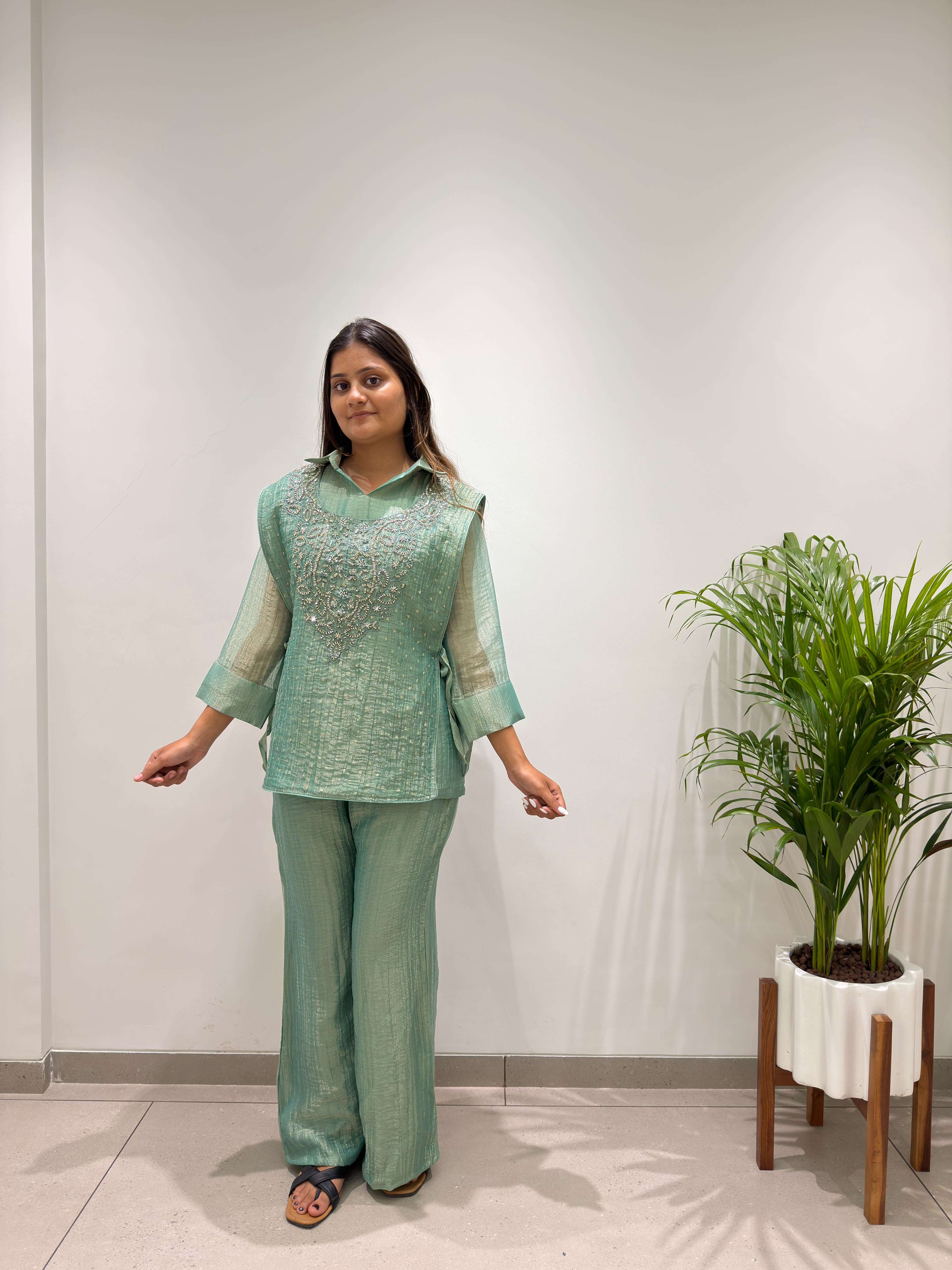BE 484 SILK DESIGNER WORK SHIRT PANT WITH  HAND EMBROIDERED SHRUG 