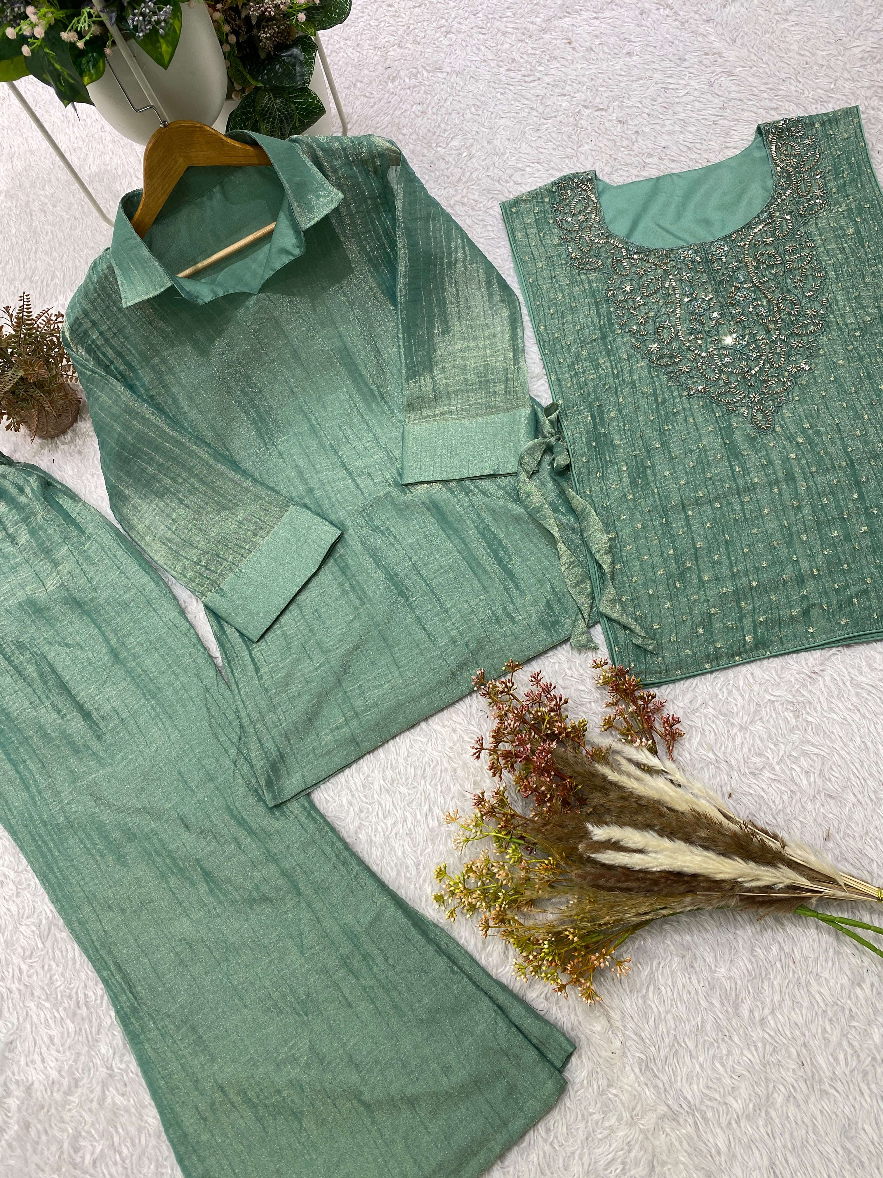 BE 484 SILK DESIGNER WORK SHIRT PANT WITH  HAND EMBROIDERED SHRUG 