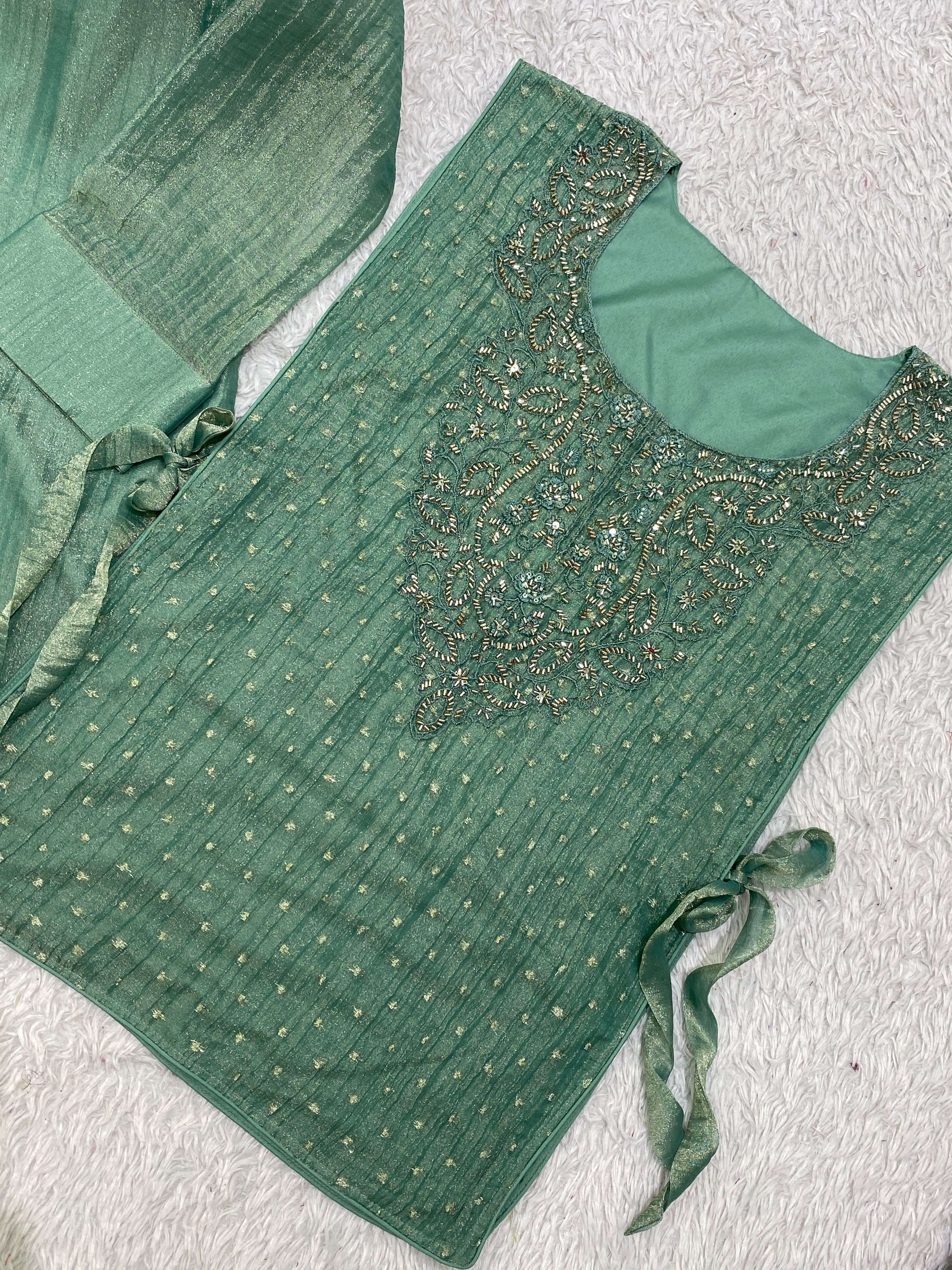 BE 484 SILK DESIGNER WORK SHIRT PANT WITH  HAND EMBROIDERED SHRUG 