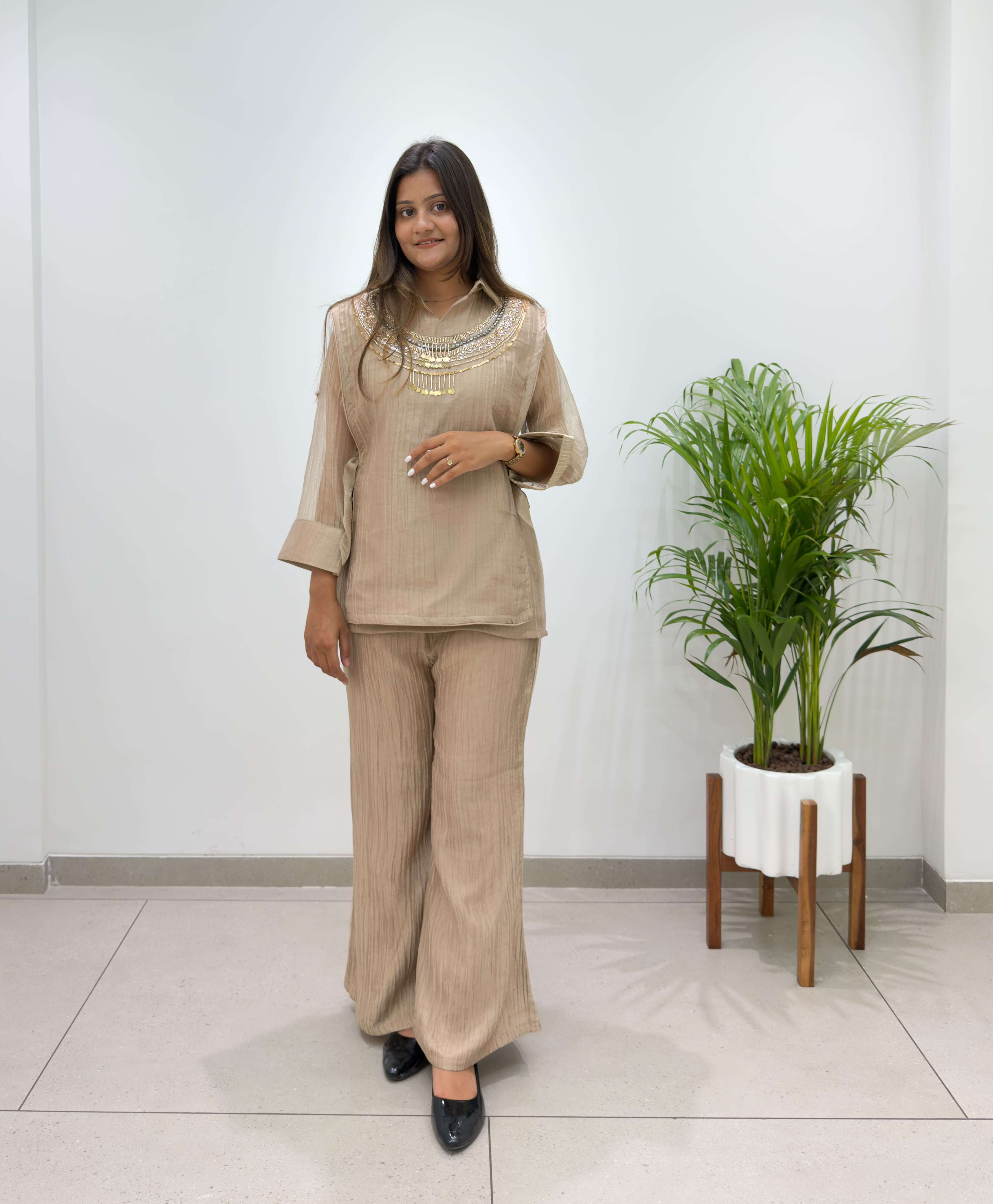BE 485 SILK DESIGNER SHIRT PANT WITH  HAND EMBROIDERED SHRUG
